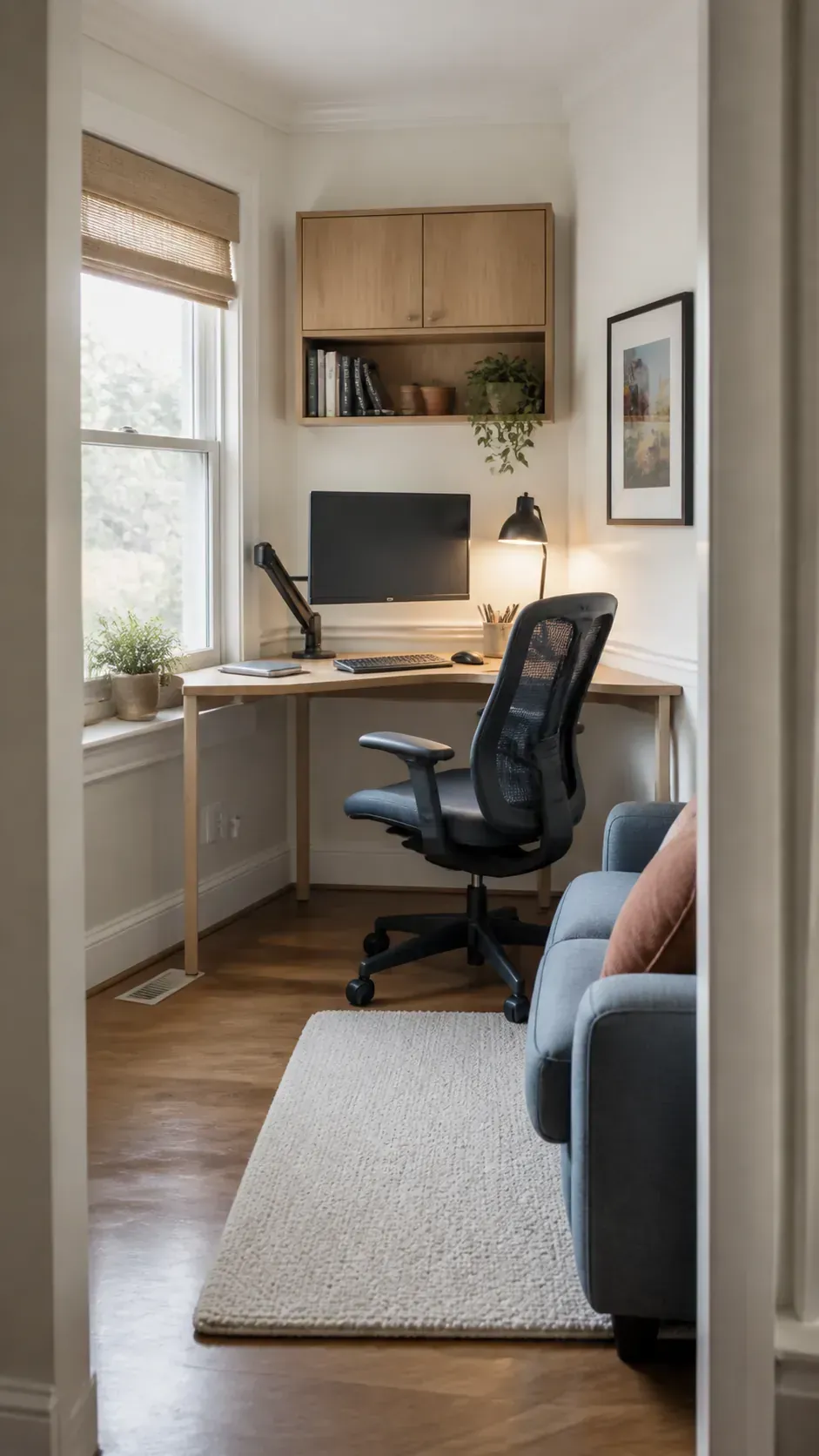 Compact corner office with an oak desk and organized wall storage