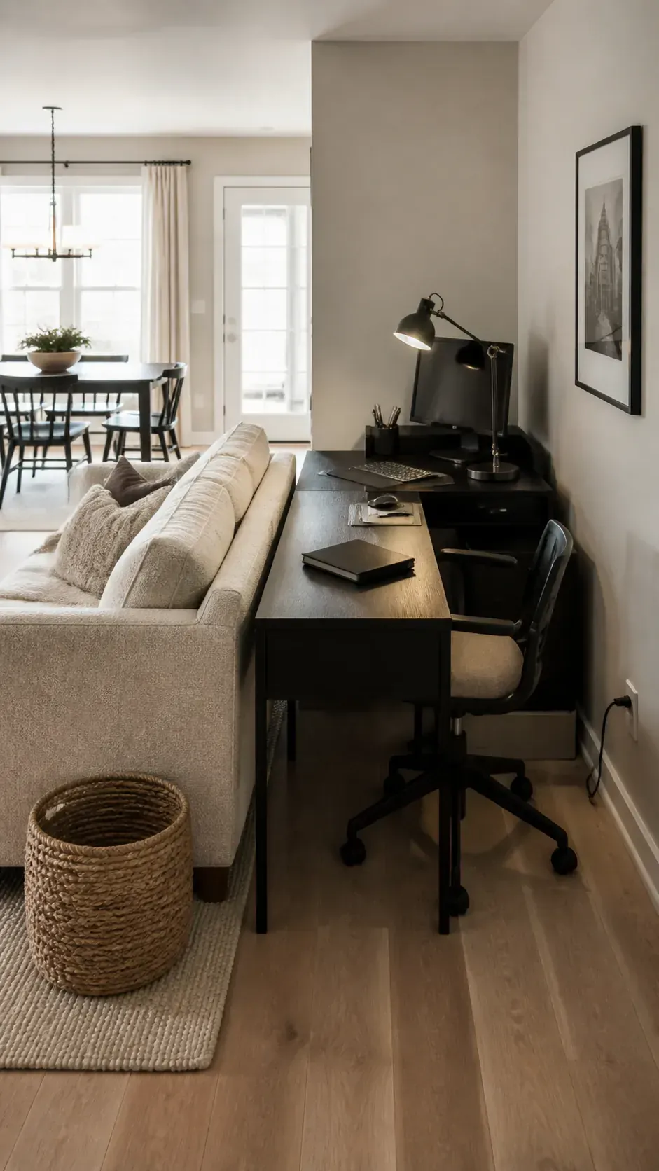 Use a Corner Behind the Sofa in a compact home workspace