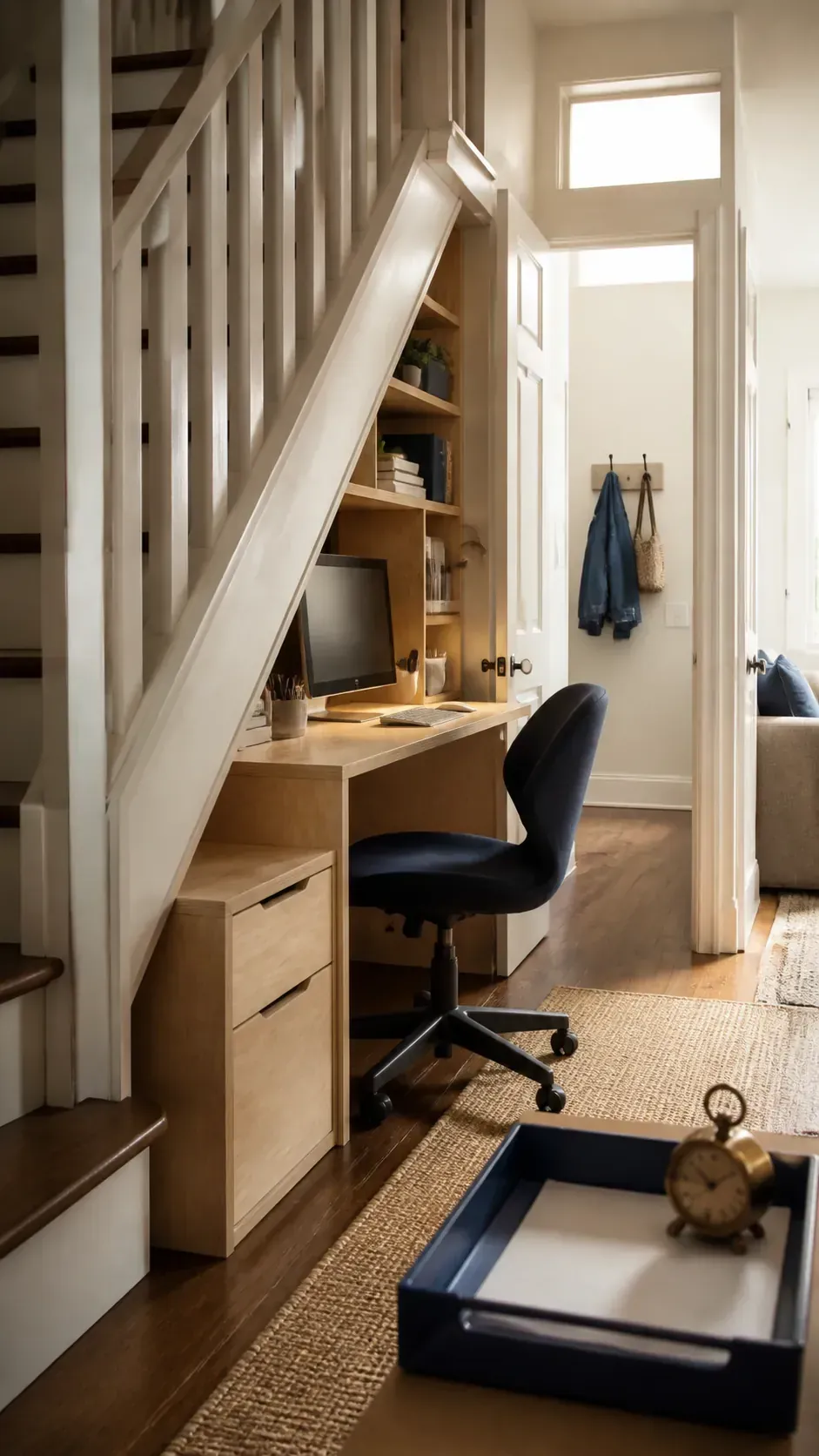 Tuck a Desk Under the Stairs in a compact home workspace