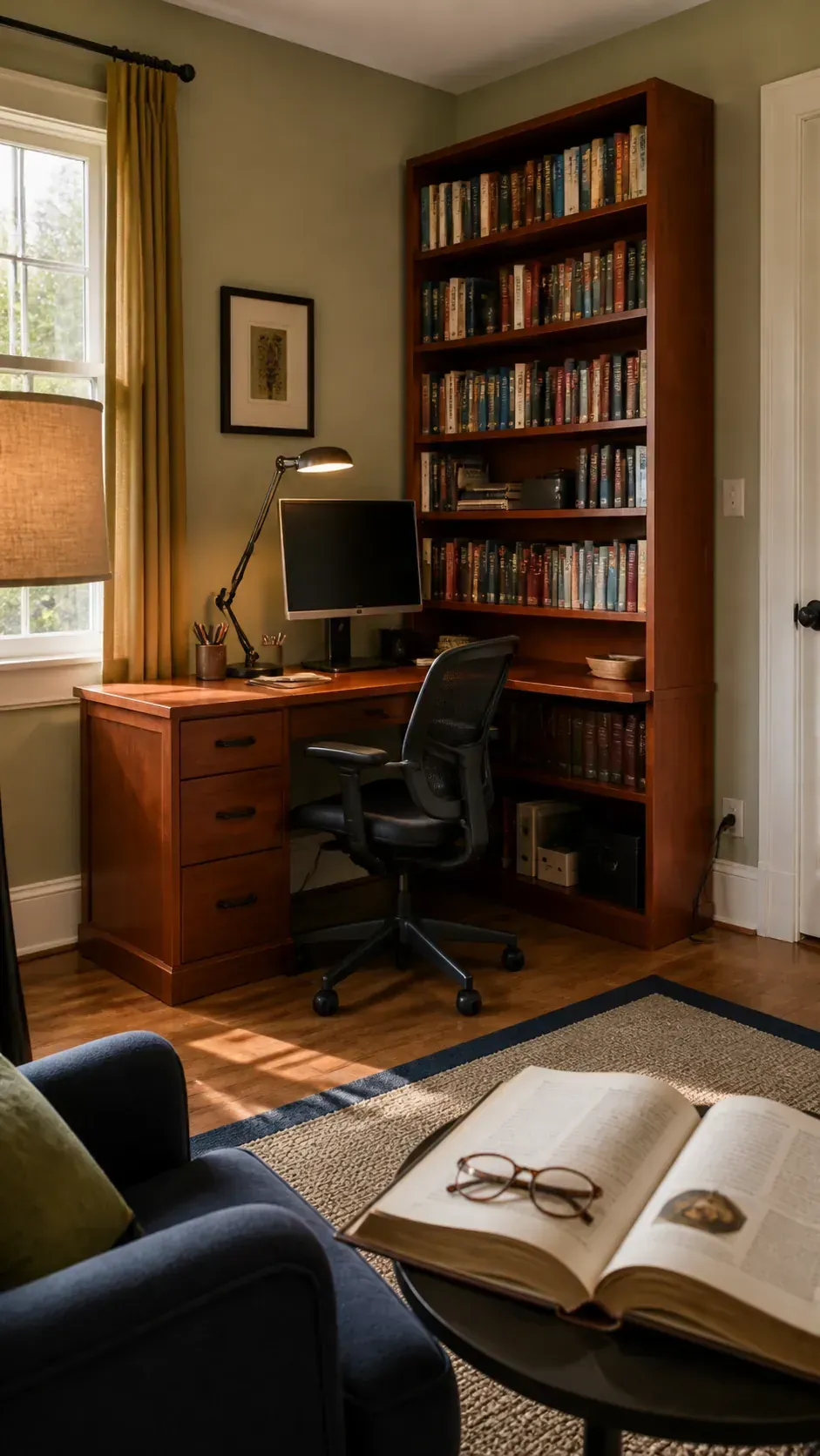 Pair a Desk With a Bookcase in a compact home workspace