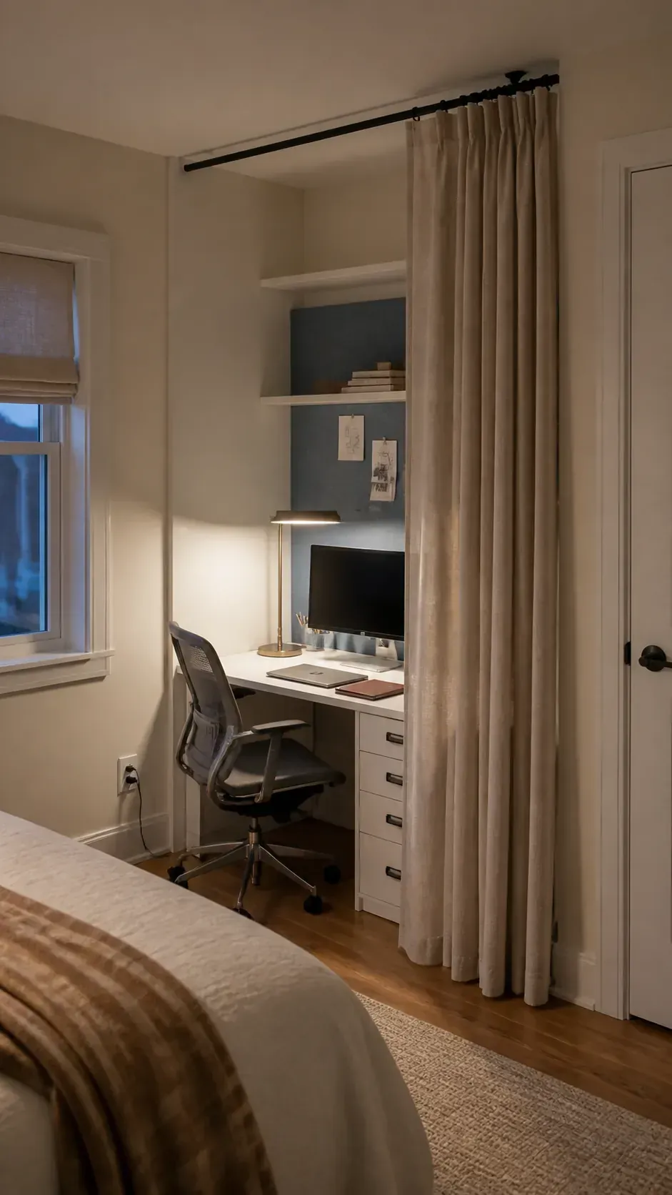 Add a Curtain for Visual Closure in a compact home workspace