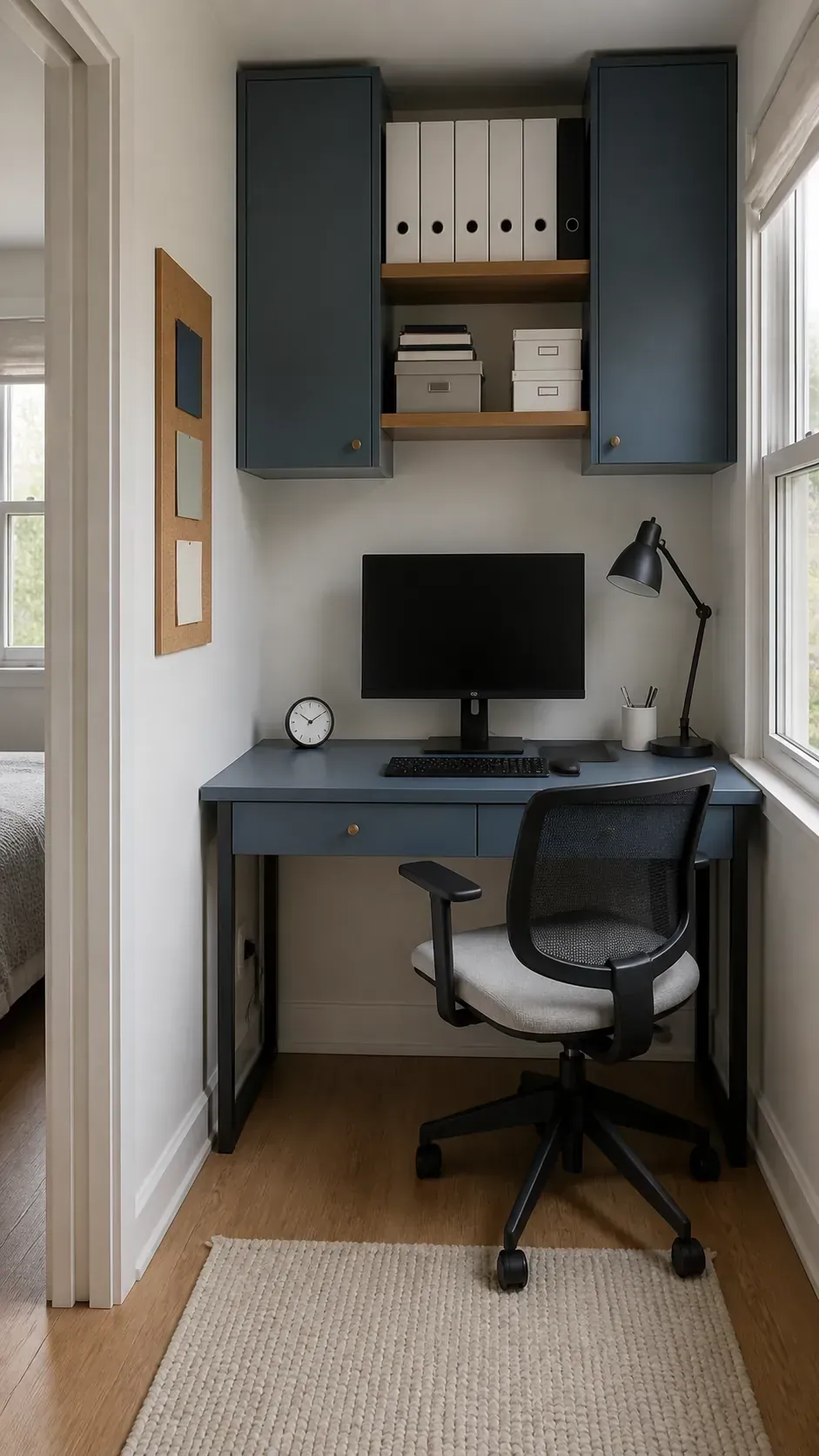 Raise Storage Above the Screen in a compact home workspace