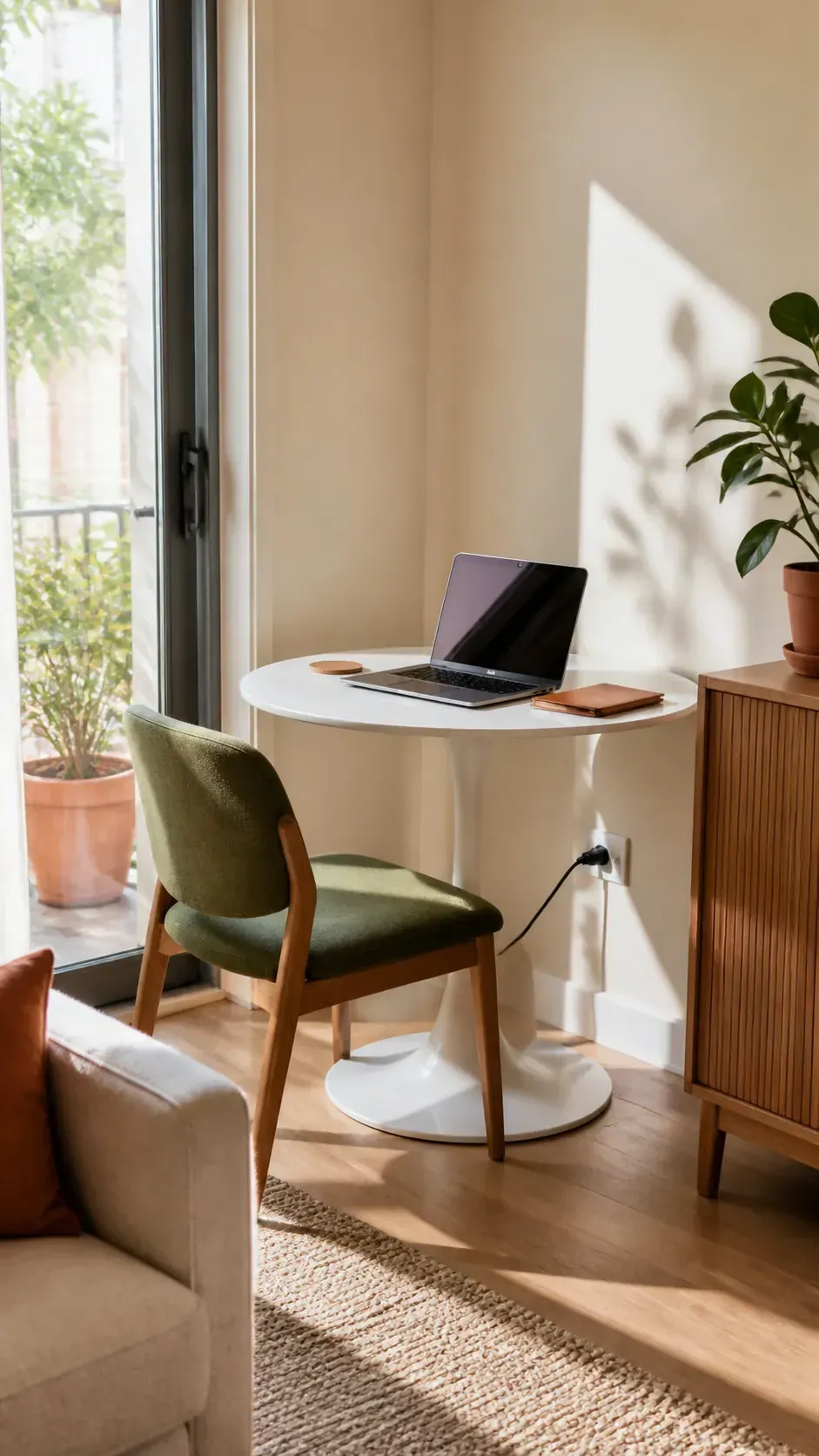 Use a Pedestal Table as a Desk in a compact home workspace