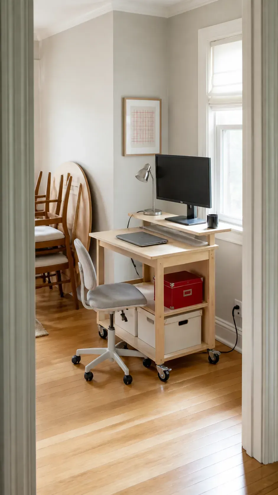 Add a Rolling Desk Cart in a compact home workspace