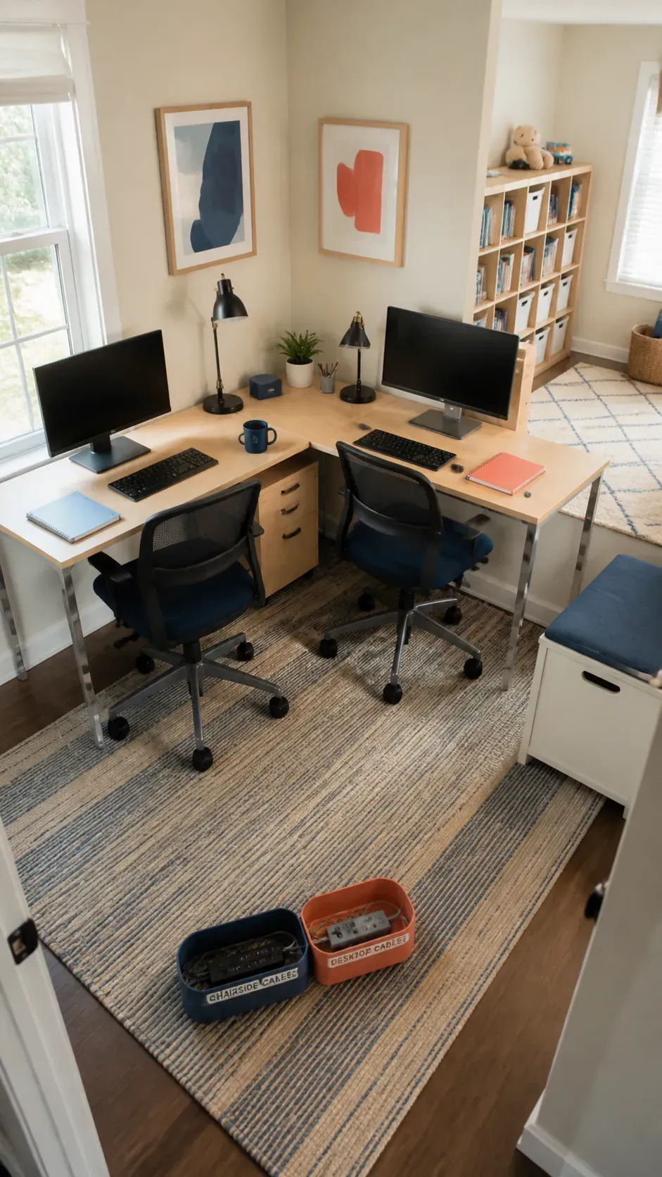 Set Up a Shared Corner Desk in a compact home workspace