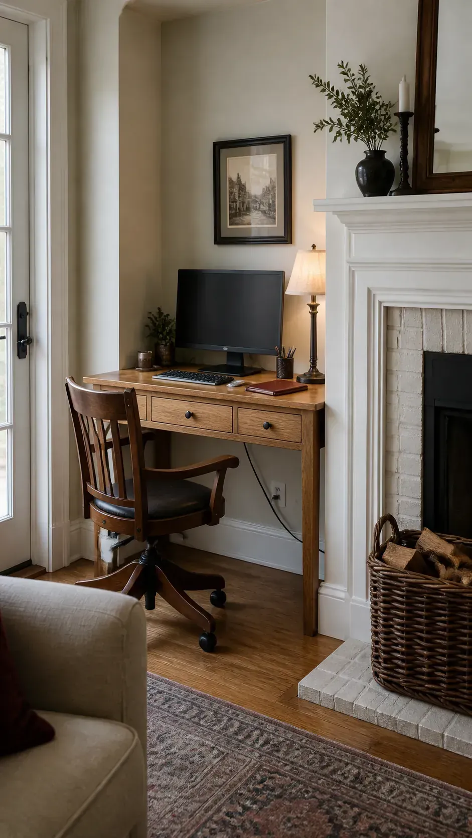 Place a Desk Beside a Fireplace in a compact home workspace