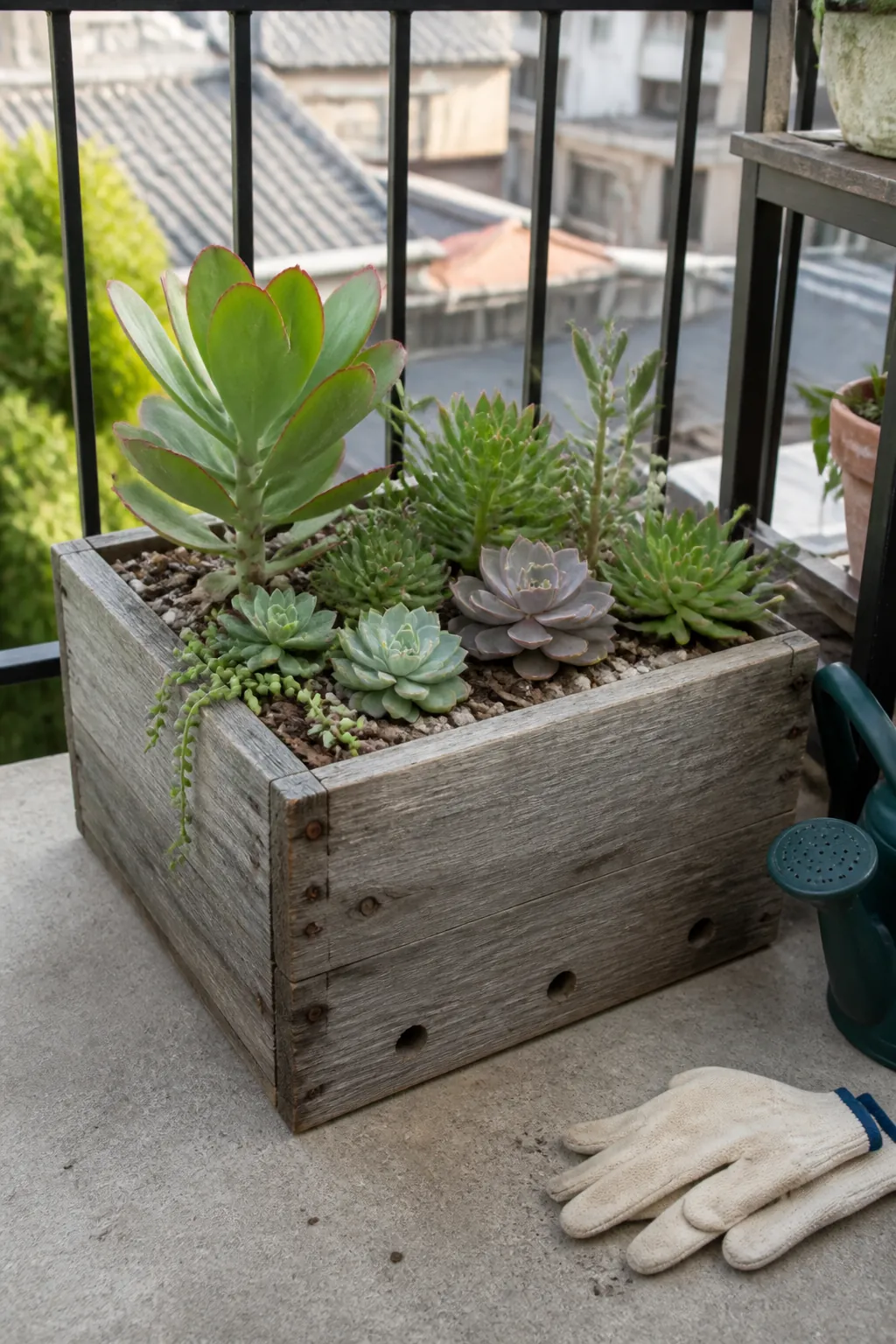 Reclaimed timber box planted with mixed patio succulents