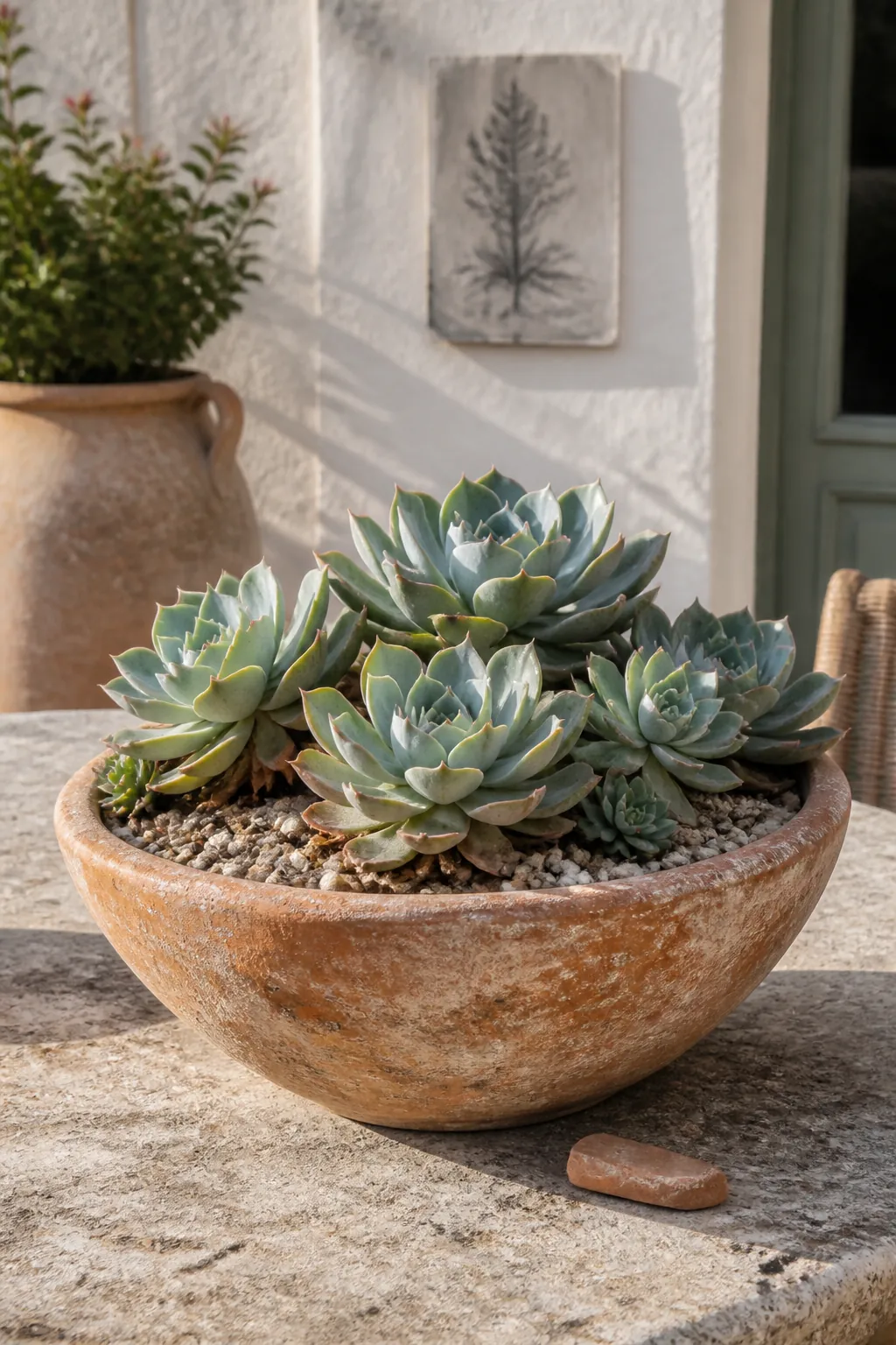 Weathered terracotta bowl filled with echeveria rosettes