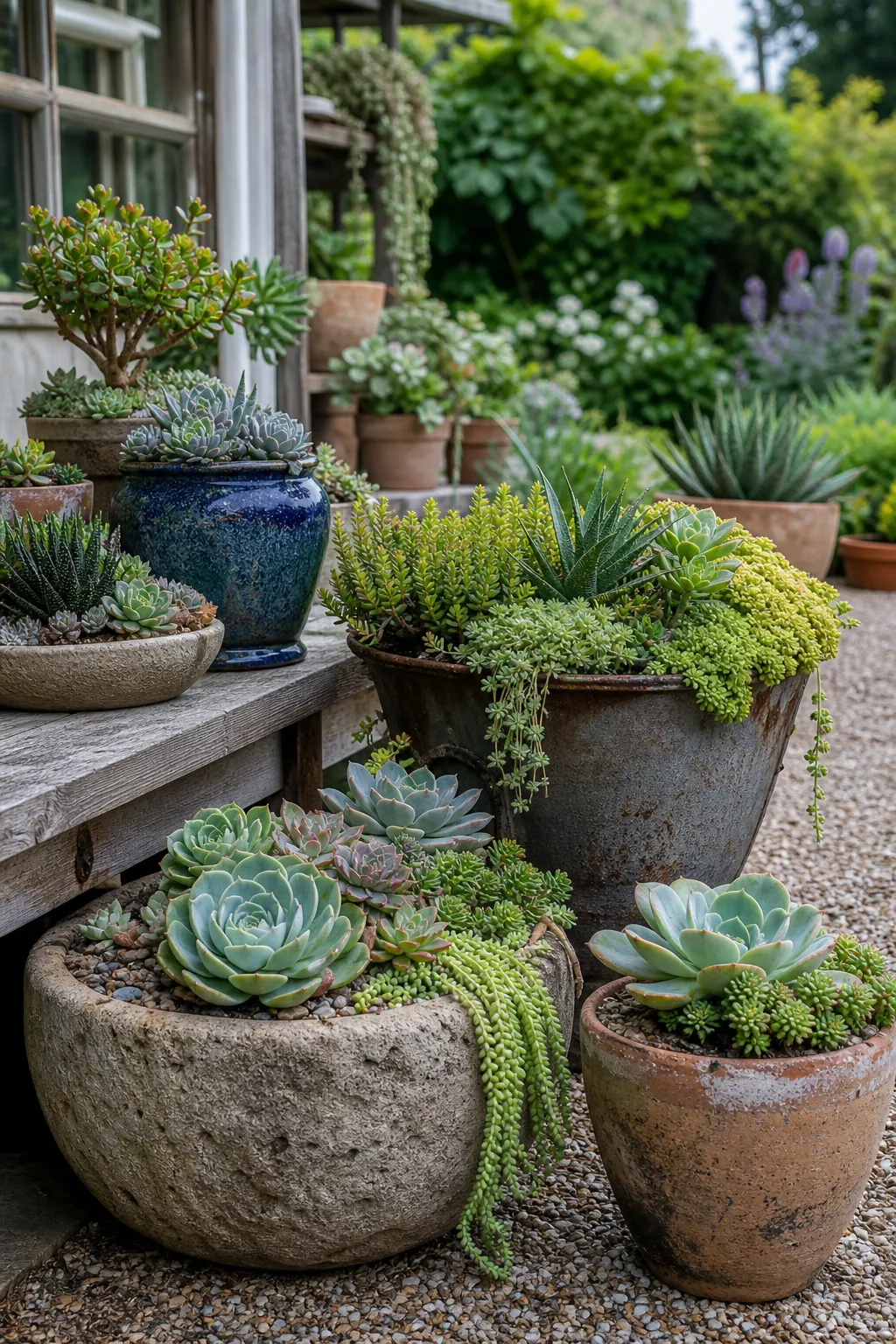 Creative collection of practical succulent planters on a garden terrace
