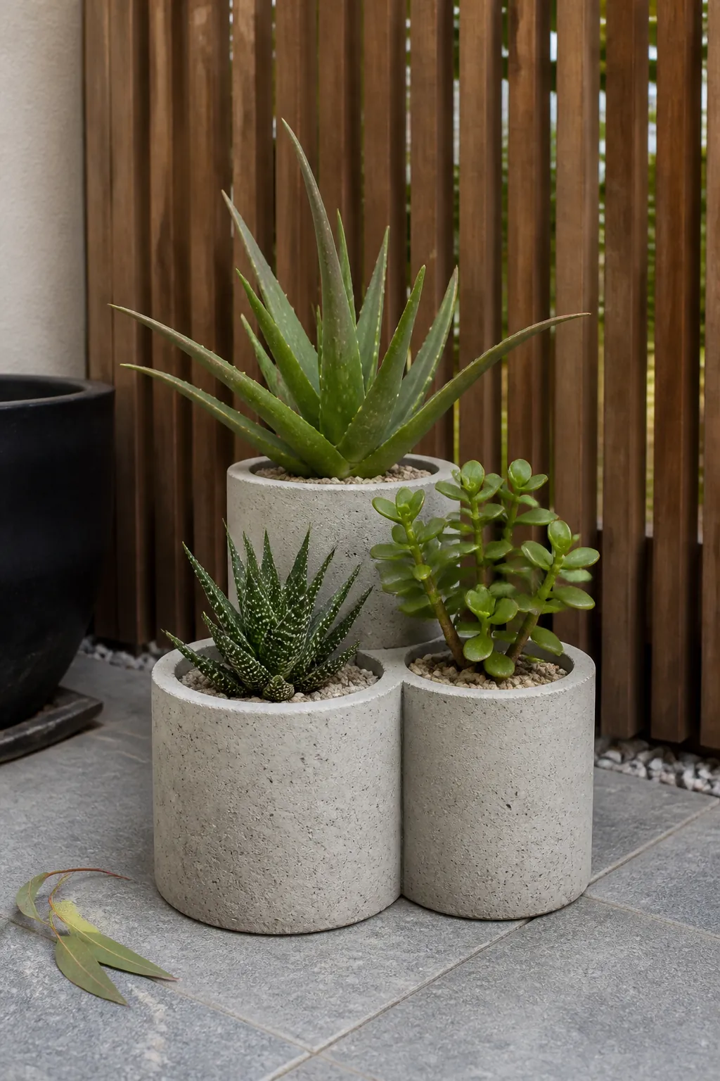Three concrete cylinders with aloe, haworthia, and jade