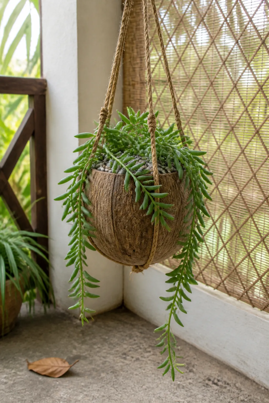 Coconut shell planter carrying a trailing string of bananas