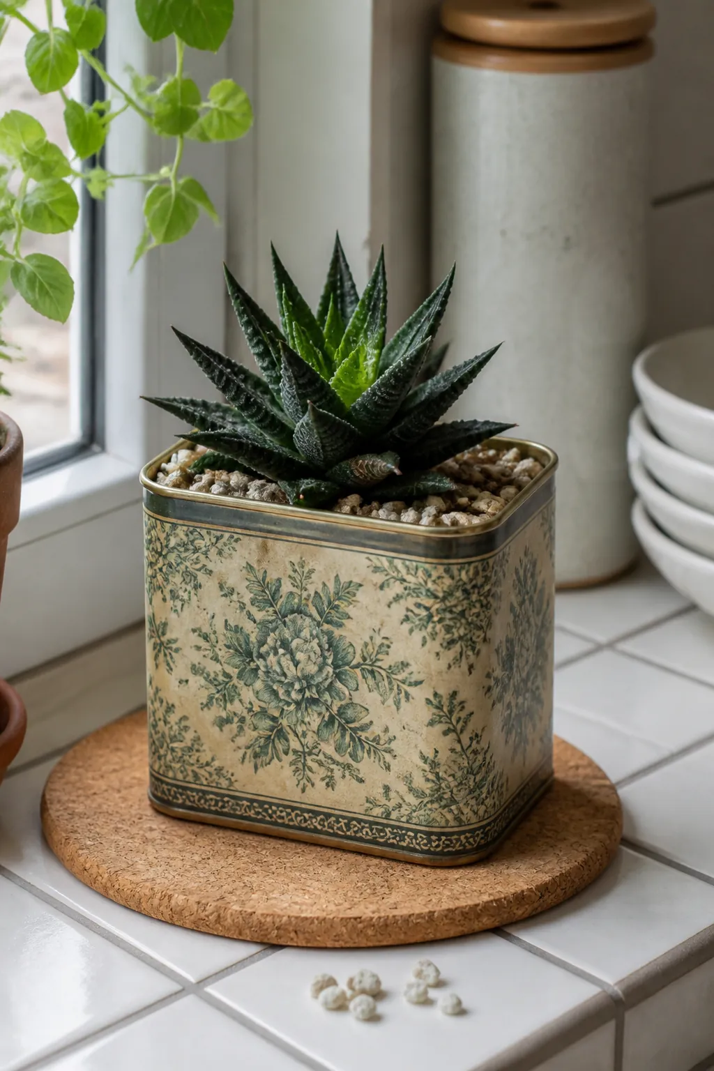 Patterned vintage tea tin holding a small haworthia
