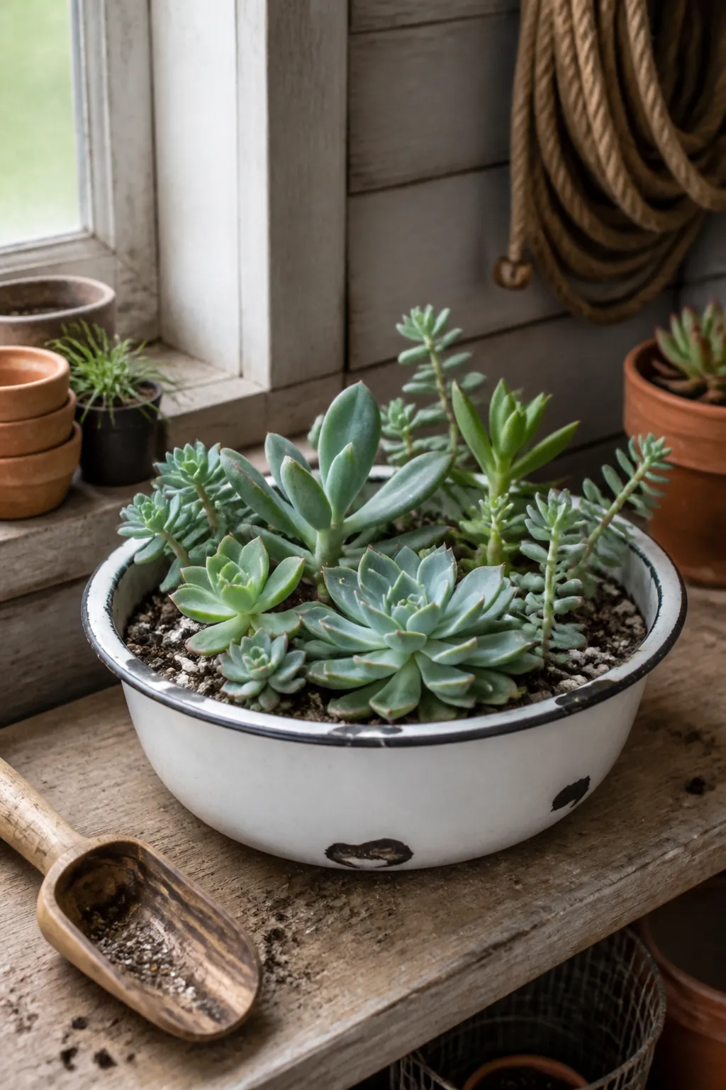 Chipped white enamel basin planted with blue green succulents