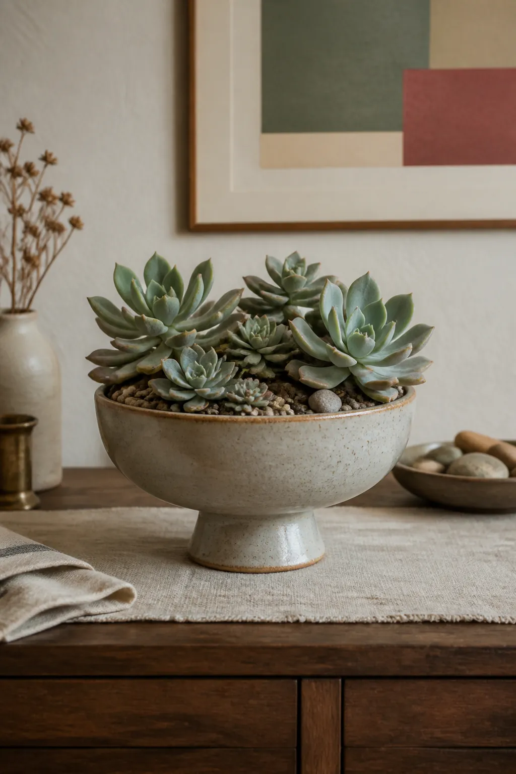 Footed ceramic compote arranged with muted rosette succulents