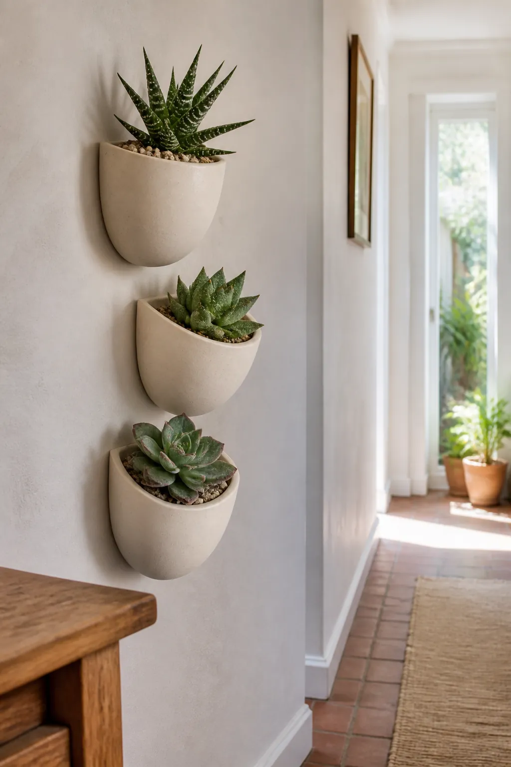 Three curved ceramic wall pockets containing compact succulents