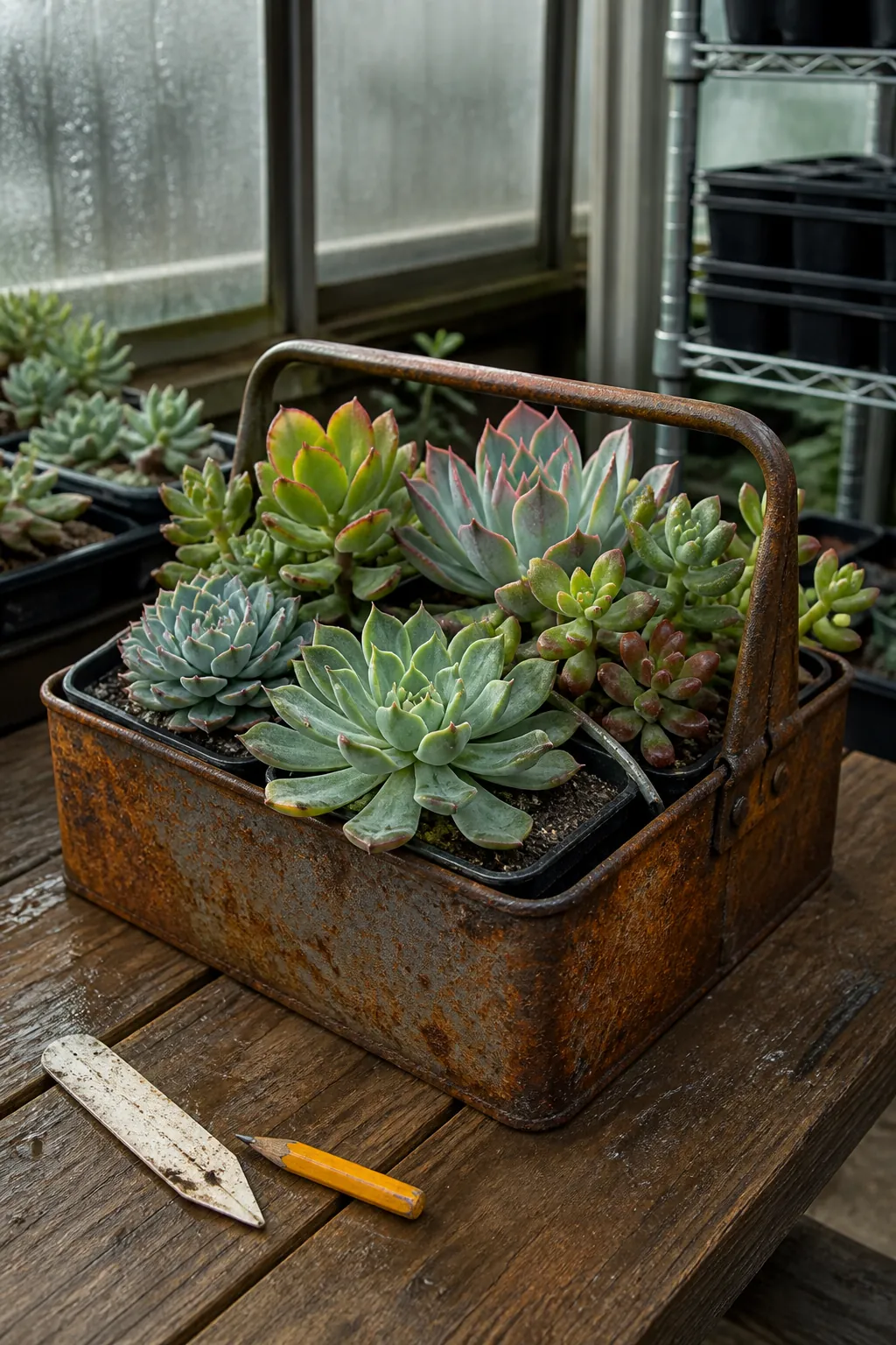 Divided rusted tool caddy holding removable succulent pots