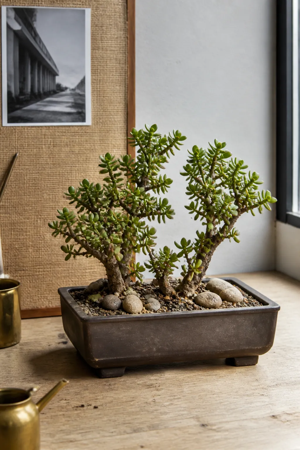 Rectangular bonsai pot with a mature crassula and exposed stones
