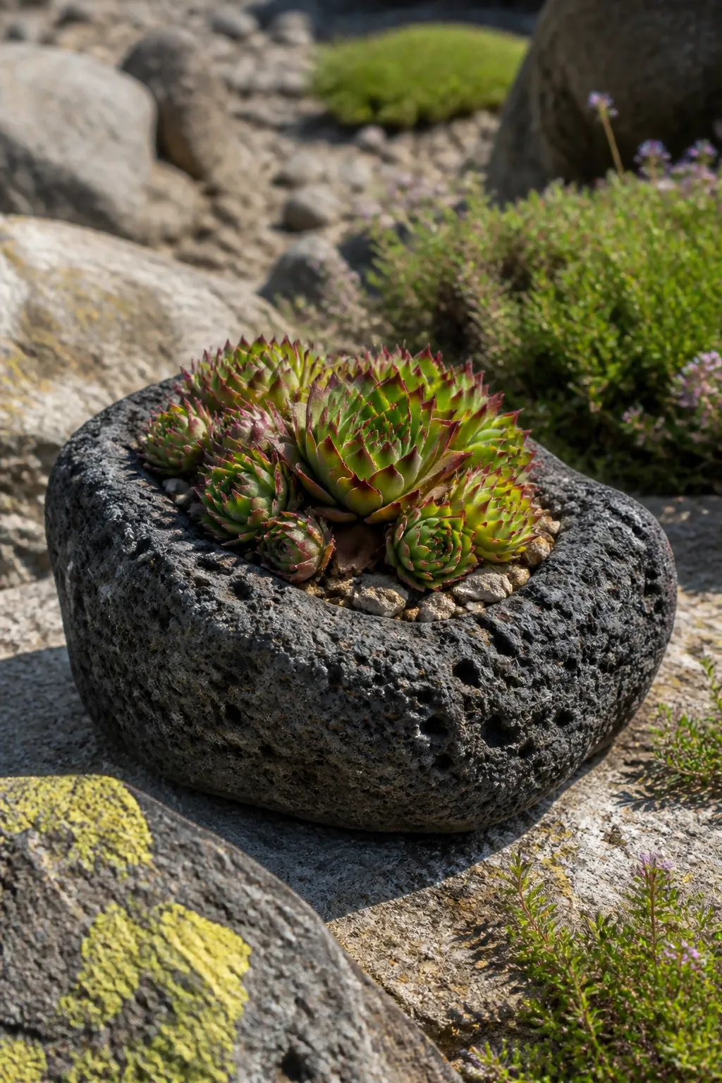 Hollowed lava rock planted with tight sempervivum