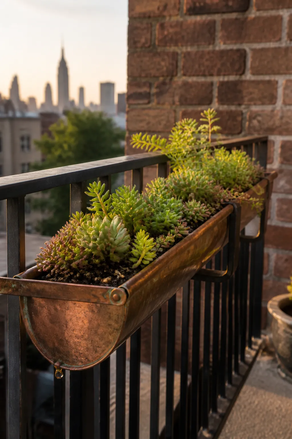 Aged copper gutter holding a ribbon of low sedums