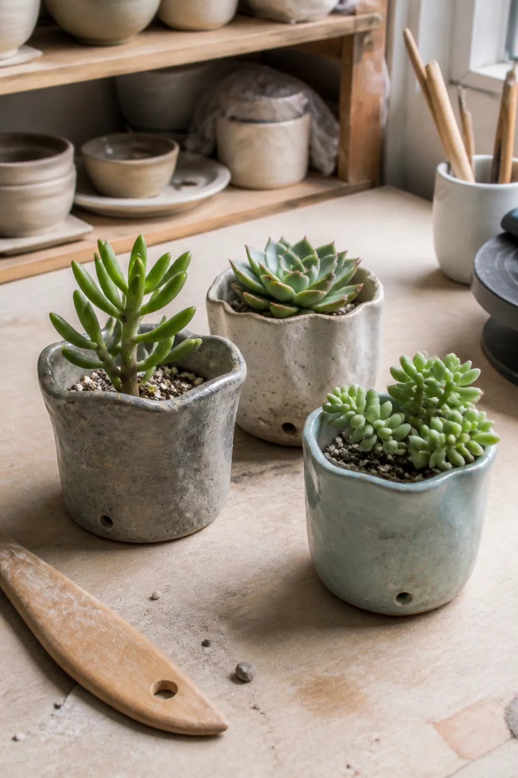 Collection of uneven handmade pinch pots with single succulents