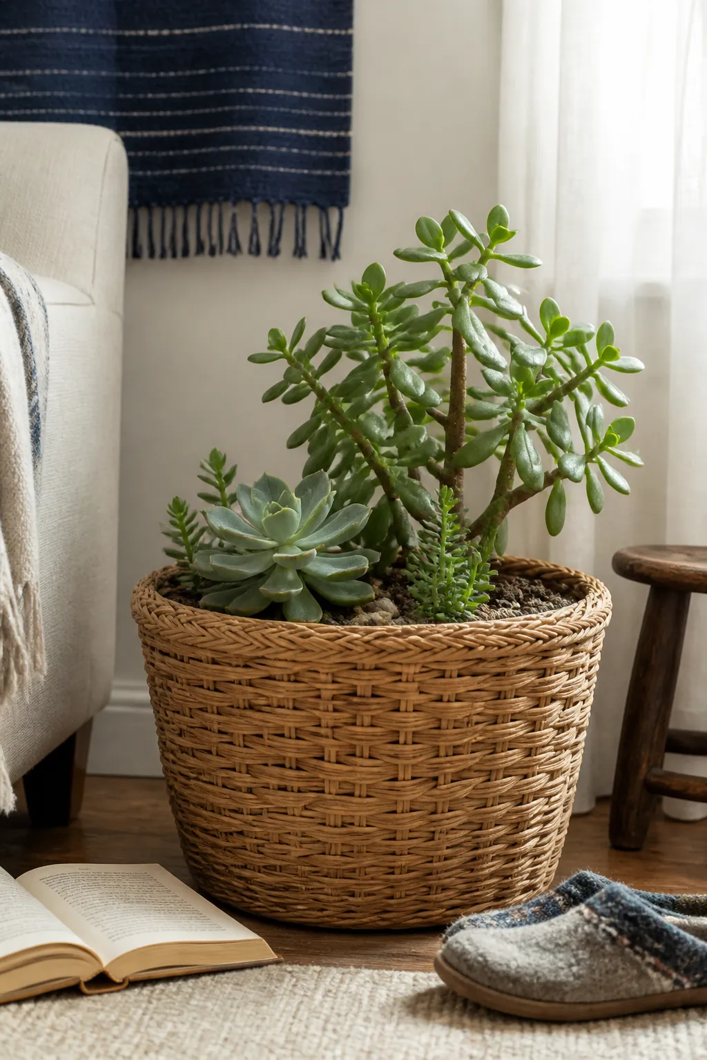 Large succulent nursery pot concealed in a woven basket