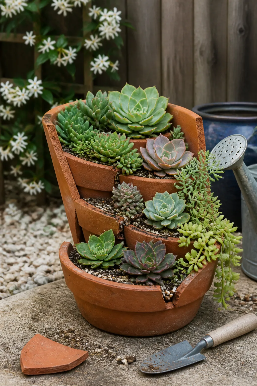 Broken terracotta pot rebuilt as stepped succulent terraces