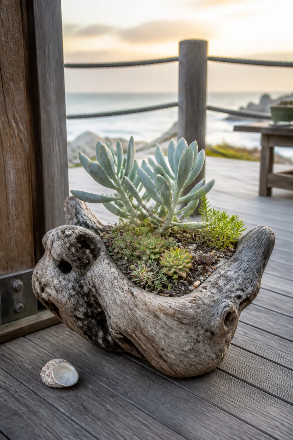 Weathered driftwood pocket supporting small coastal succulents