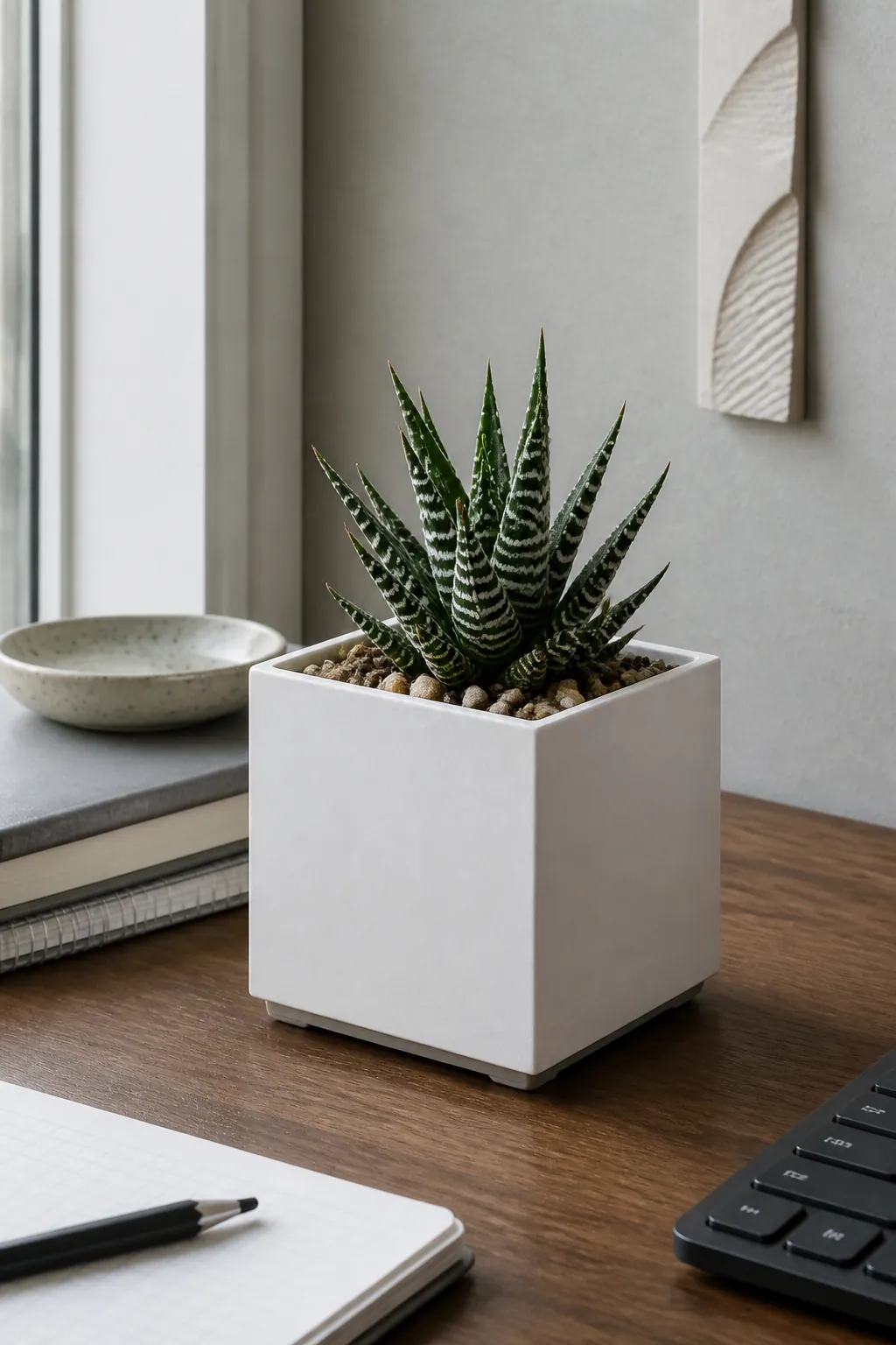 Matte white cube containing a dark green zebra haworthia