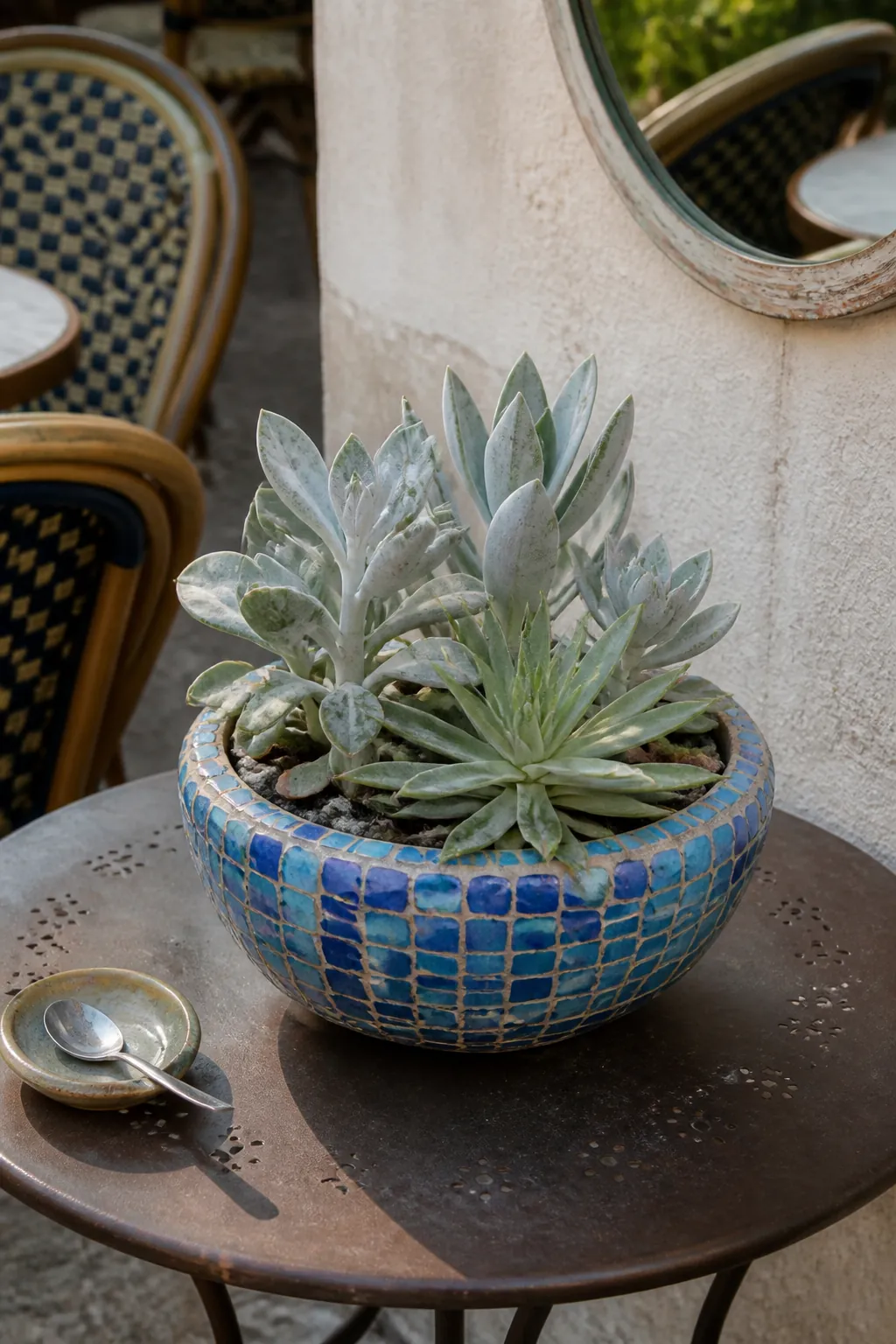 Mosaic tiled bowl planted with silvery succulents