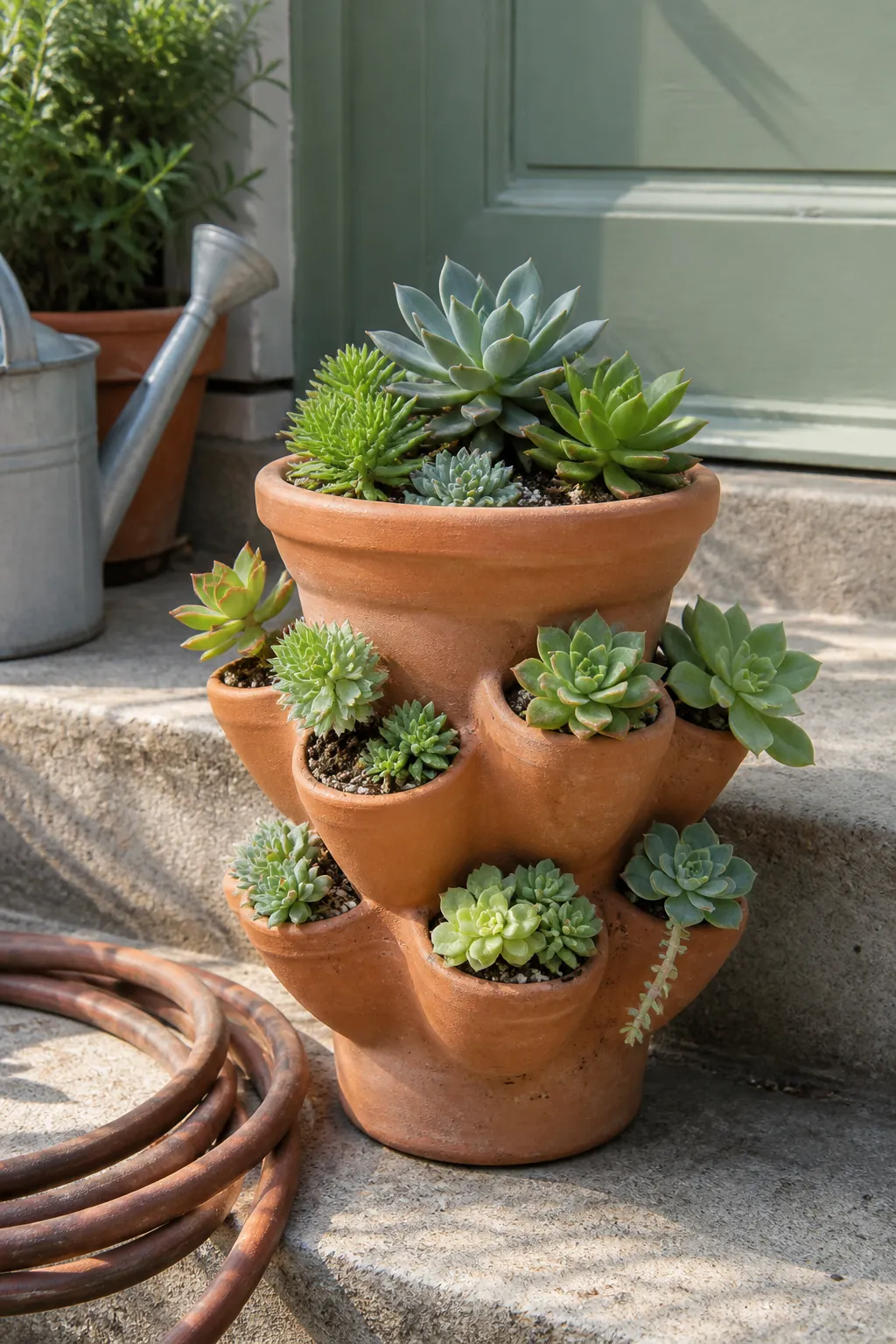 Terracotta strawberry pot filled through every pocket with offsets