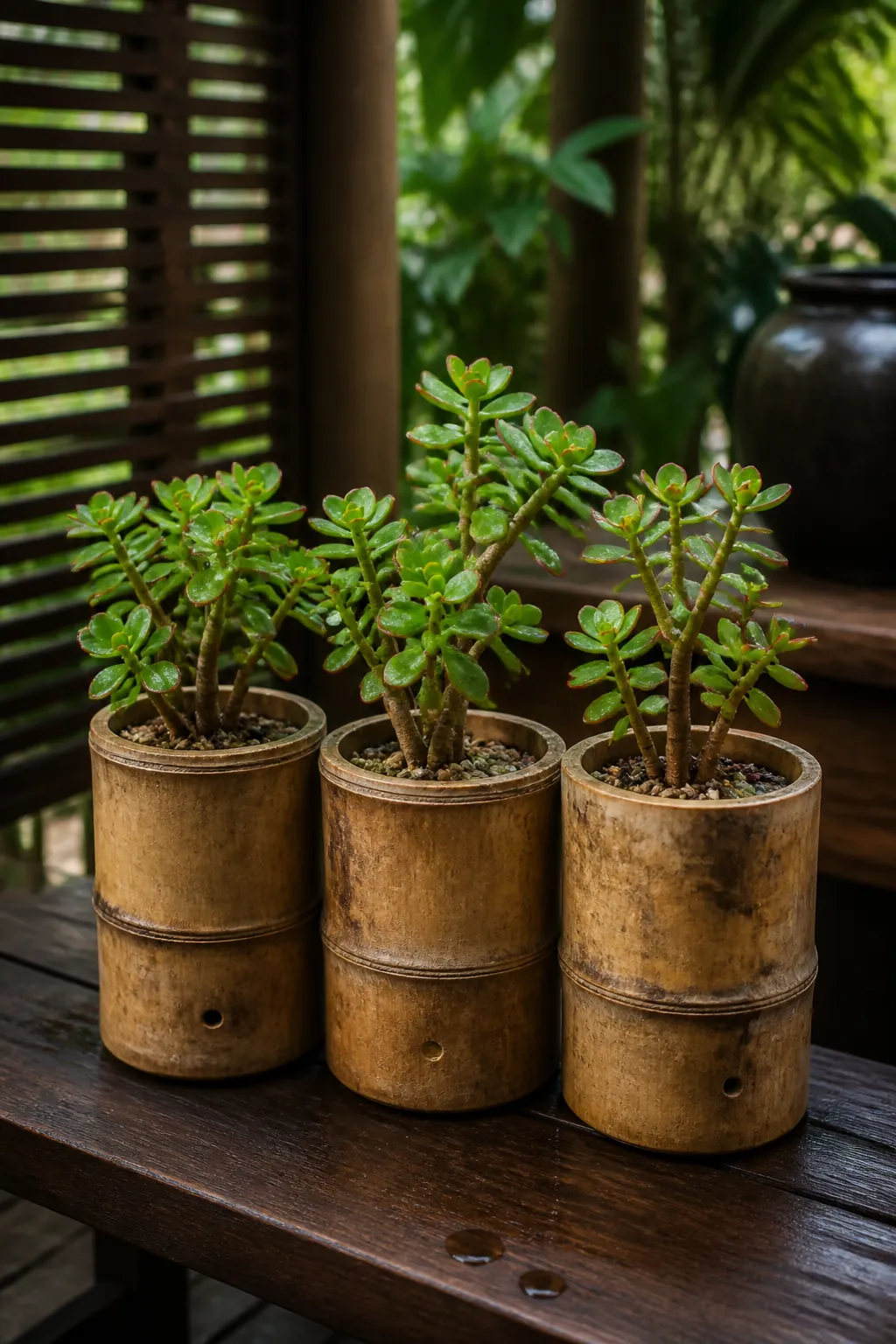 Three wide bamboo sections used as upright succulent planters