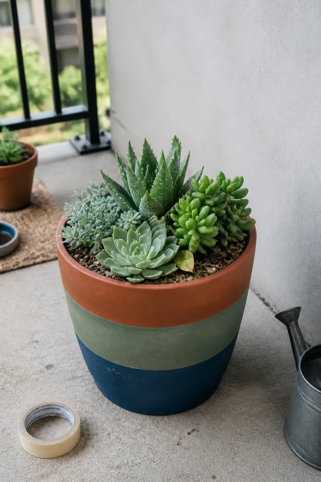 Three clay pots painted in rust, sage, and deep blue