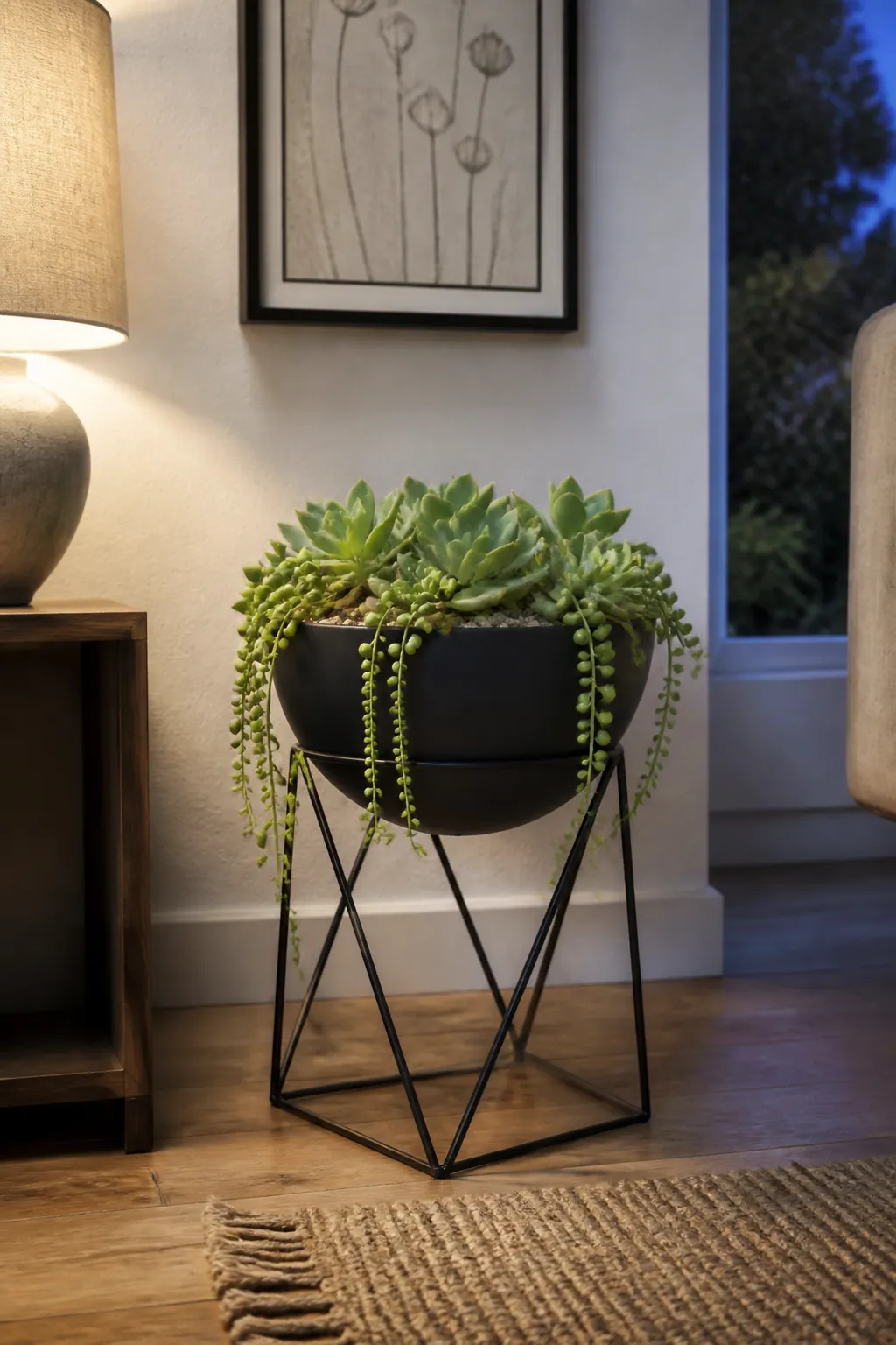 Black geometric stand supporting a trailing succulent pot