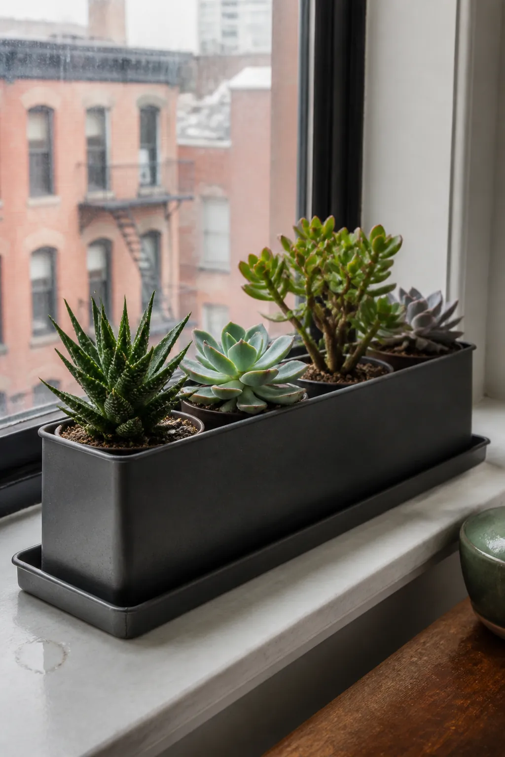 Slim trough organizing several nursery pots on a window ledge