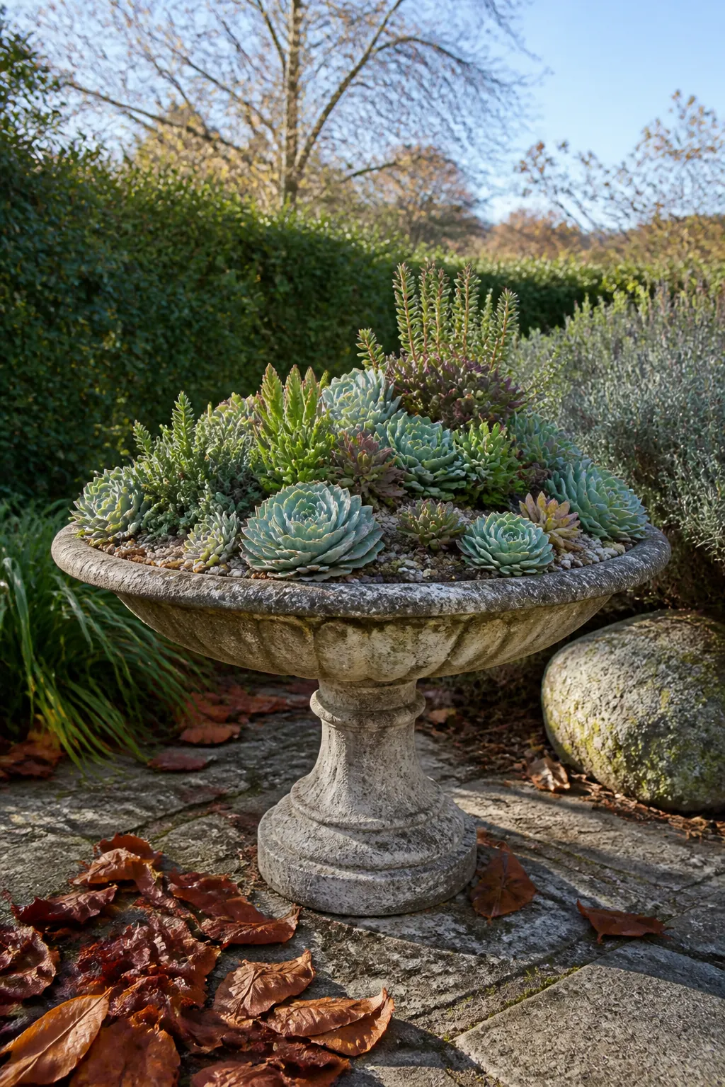 Shallow stone birdbath transformed into a succulent island