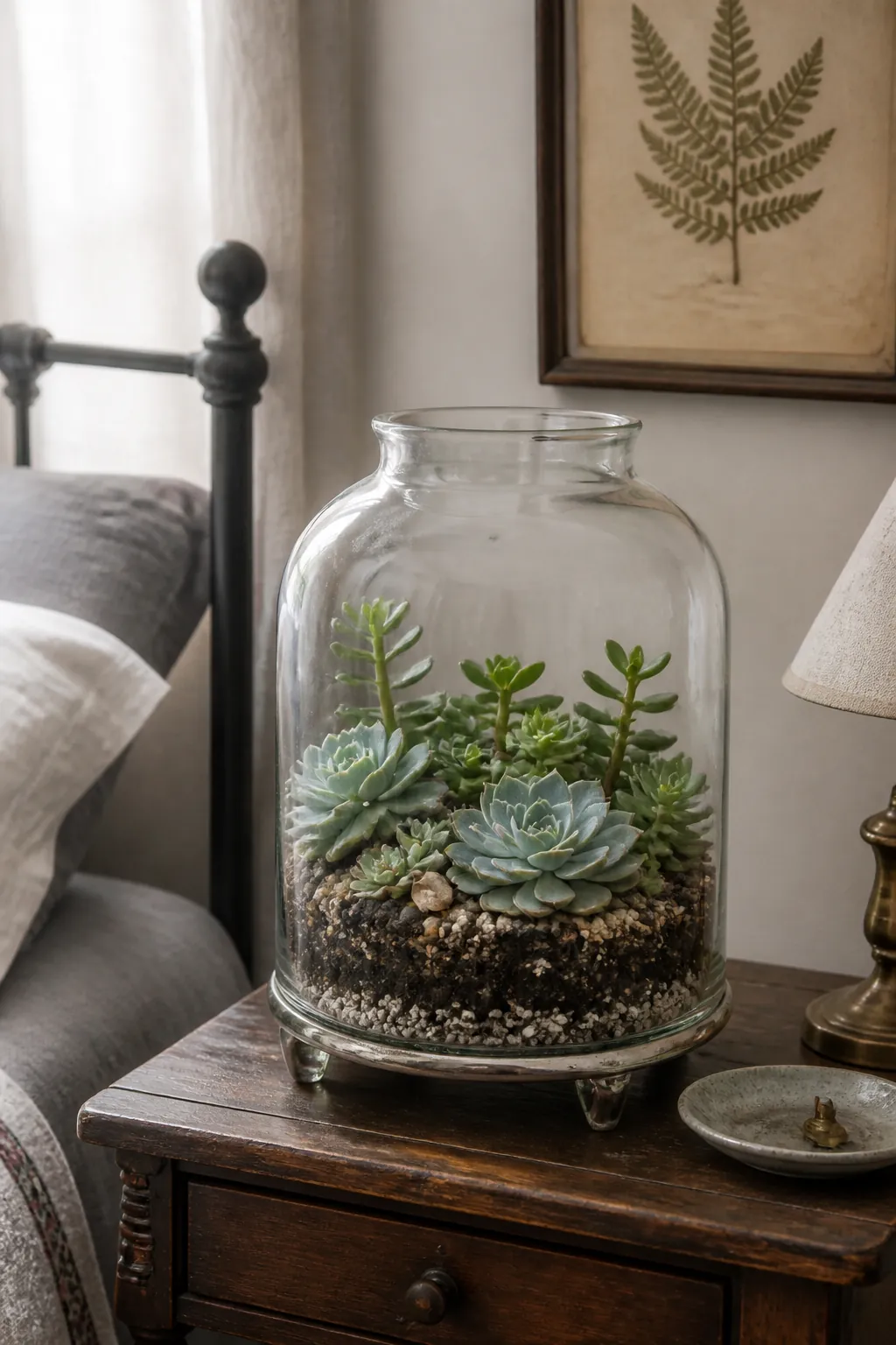 Open glass cloche framing one drained succulent pot