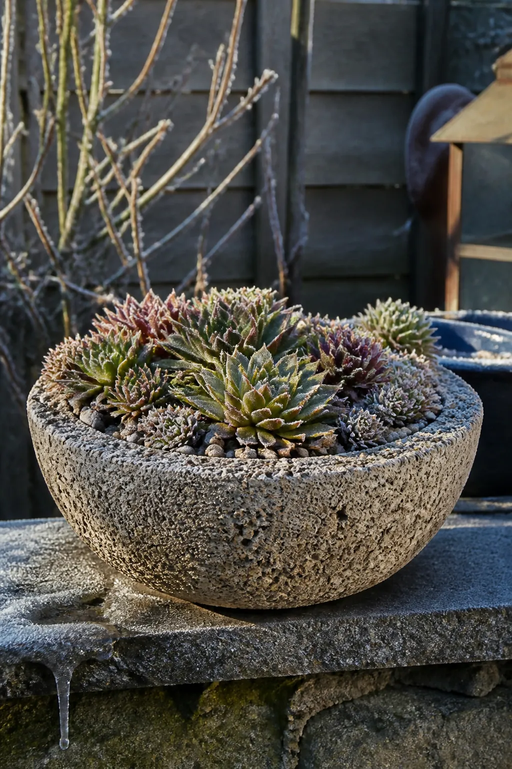 Rough hypertufa bowl packed with hardy sempervivum