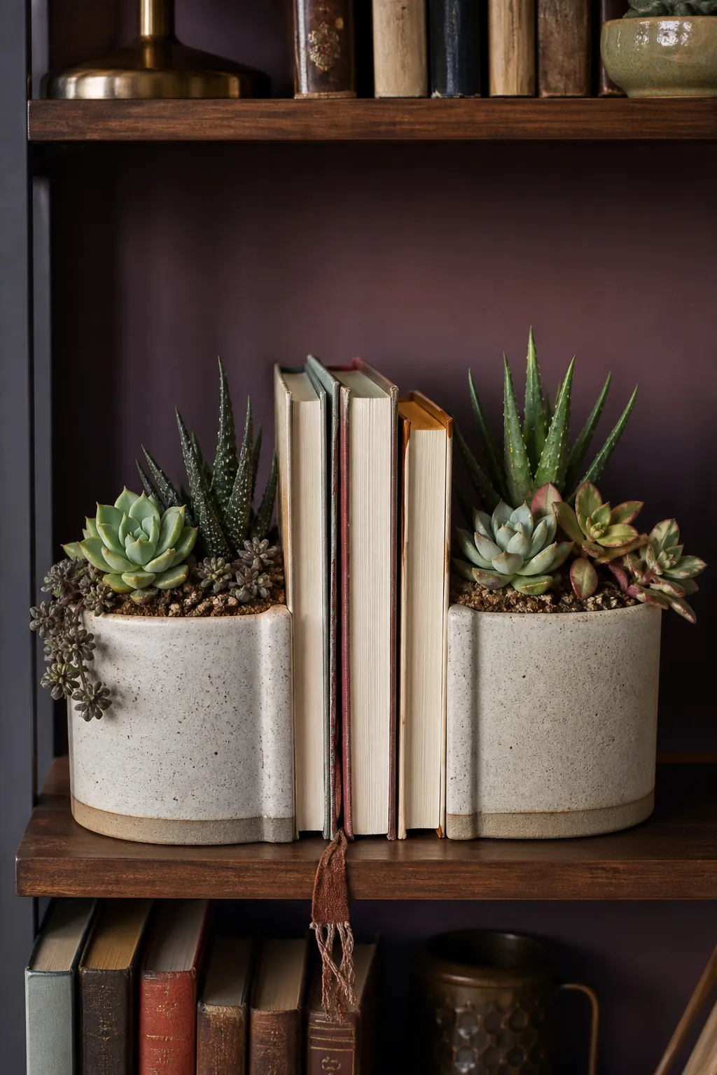 Two heavy ceramic succulent pots bracing a row of books