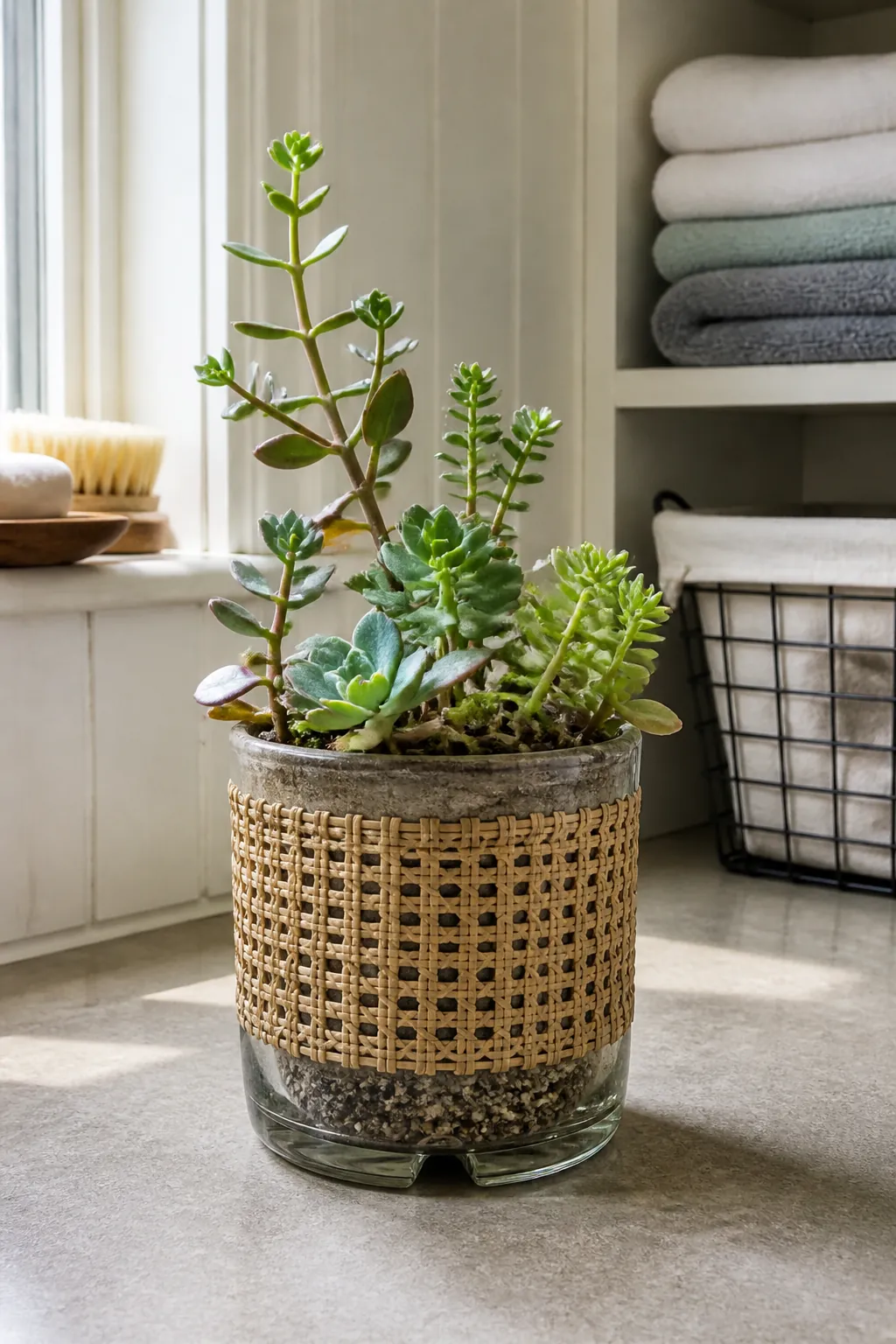 Clear recycled jar used as a sleeve around a drained inner pot
