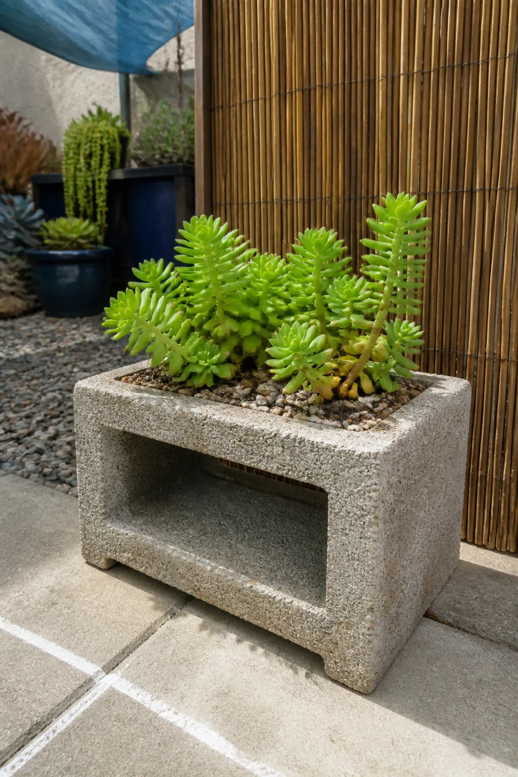 Clean cinder block core planted with drought tolerant sedum