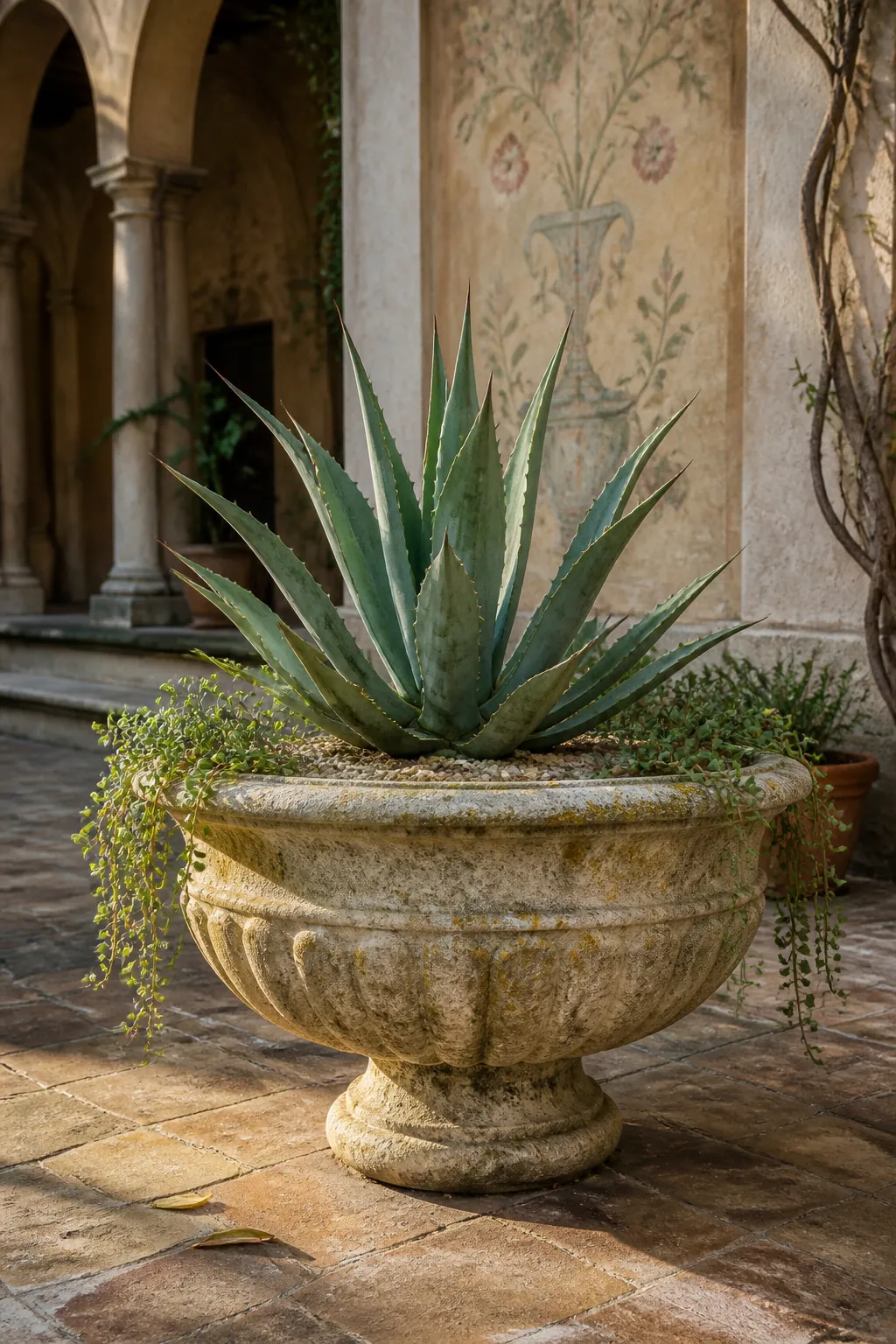 Oversized stone urn with an agave and restrained trailing plants