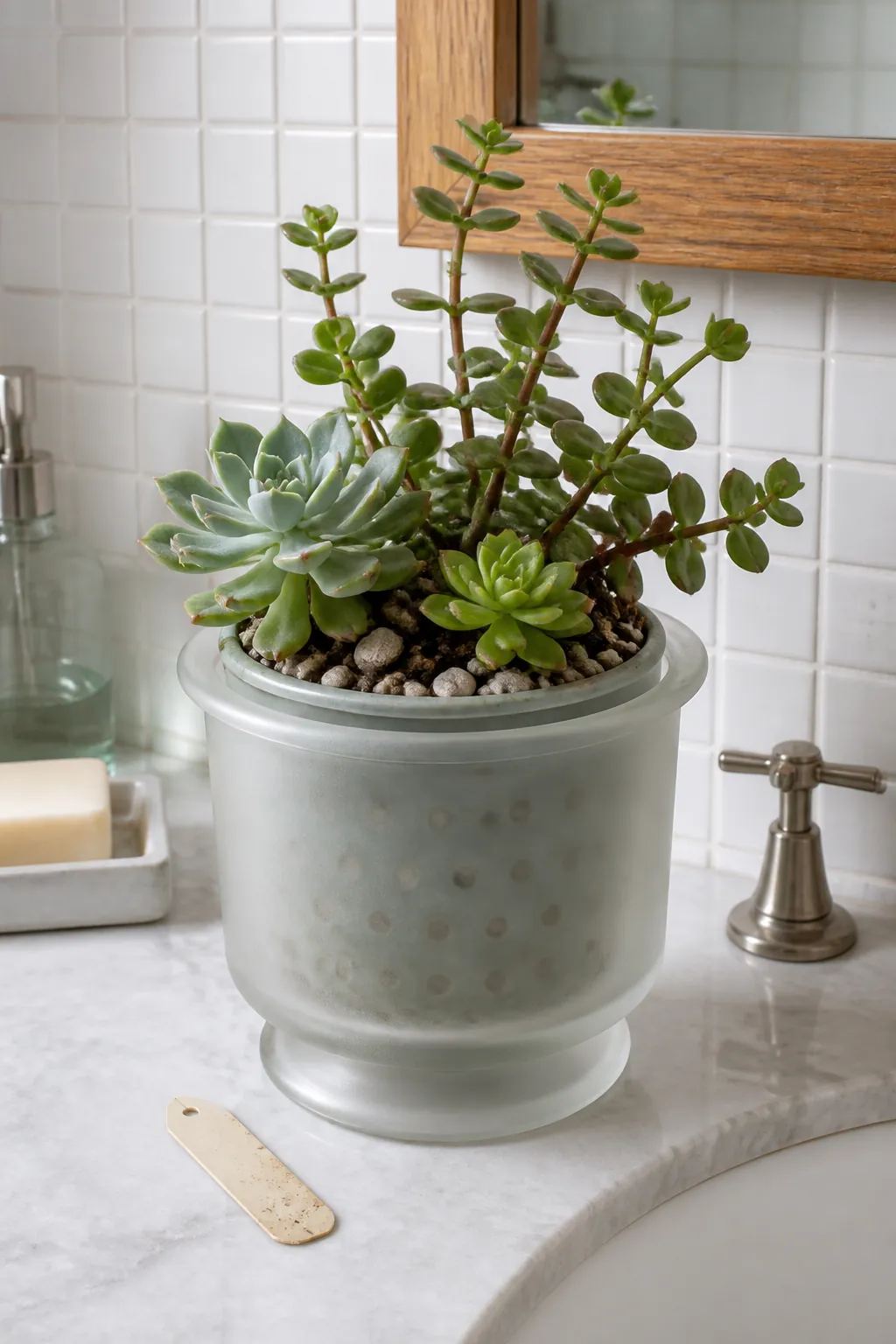 Frosted apothecary style sleeve holding a perforated propagation pot