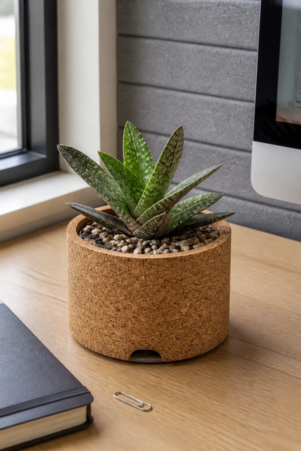 Cork wrapped pot holding a compact gasteria