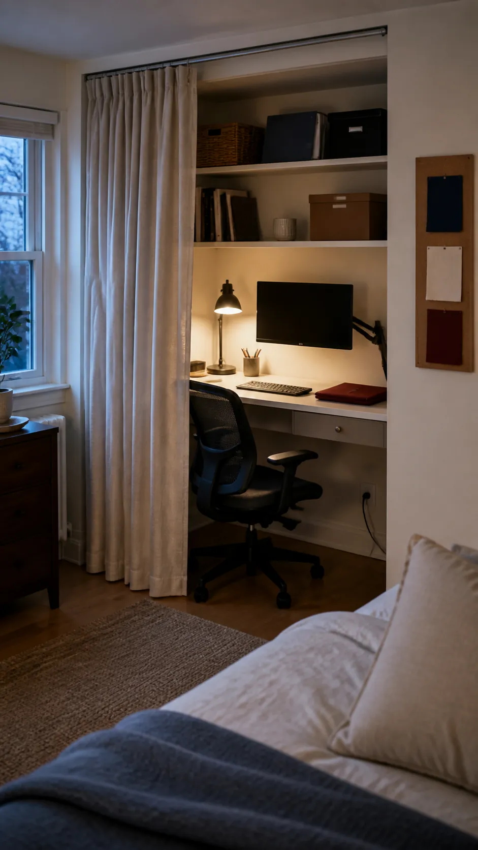 Close the Office Behind a Curtain in a small bedroom office