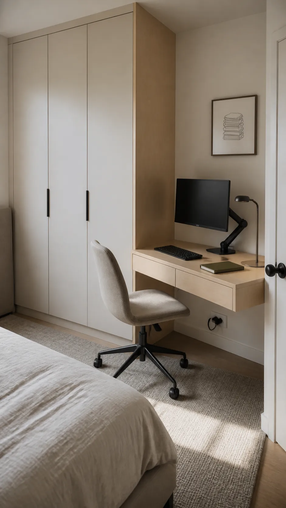 Continue the Wardrobe With a Floating Desk in a small bedroom office