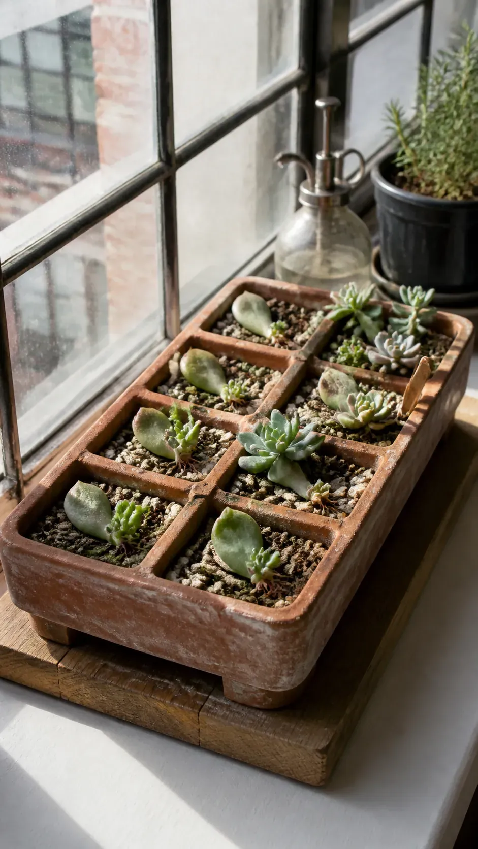 Divided clay propagation tray with rooted offsets