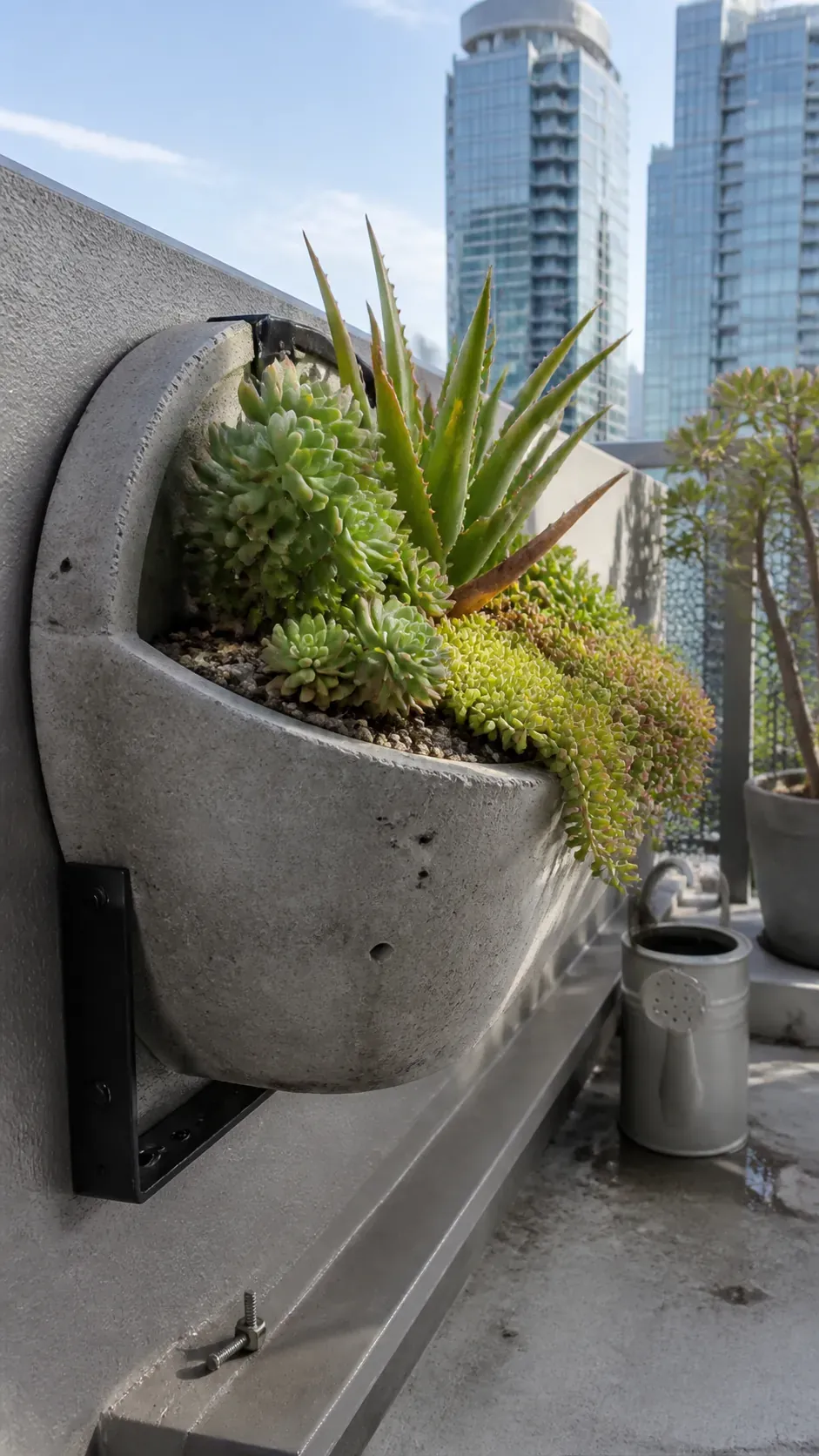 Arched concrete window box with sedum and aloe