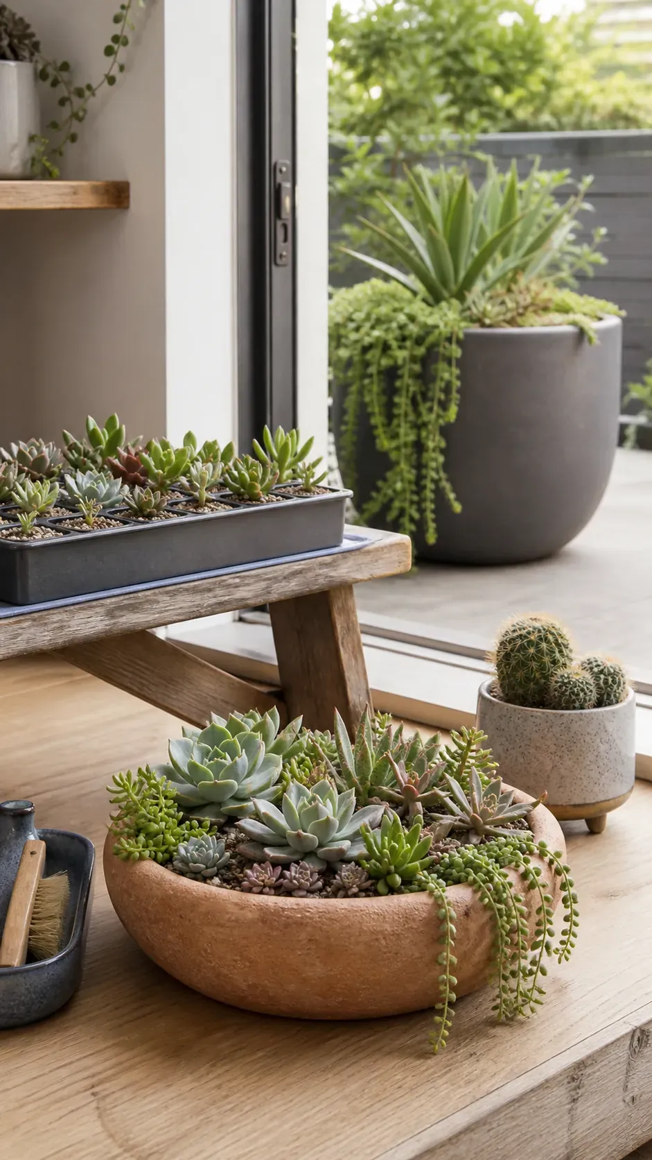 Varied practical succulent planter ideas in a bright indoor outdoor setting