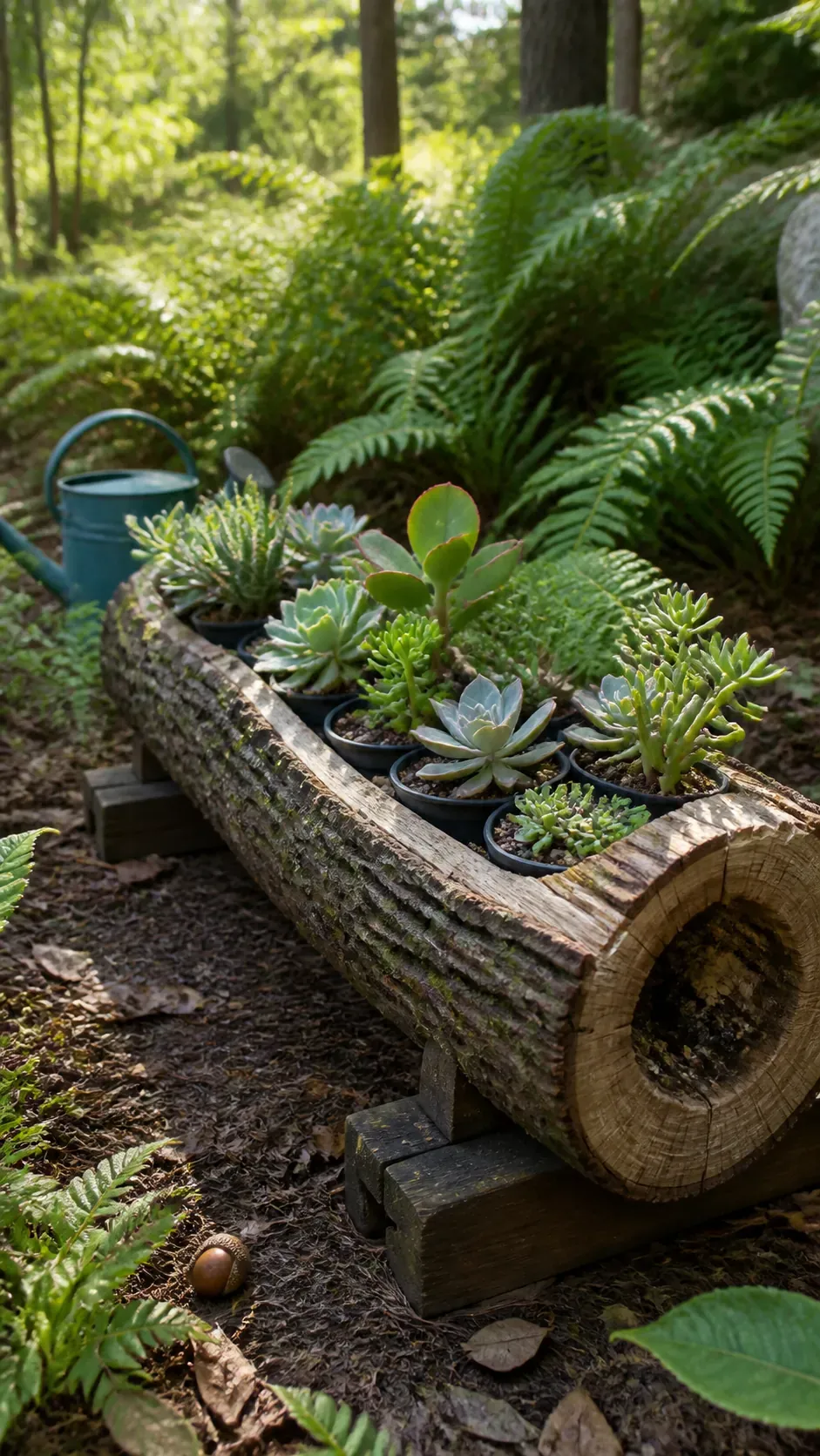 Sound hollow log concealing removable succulent pots