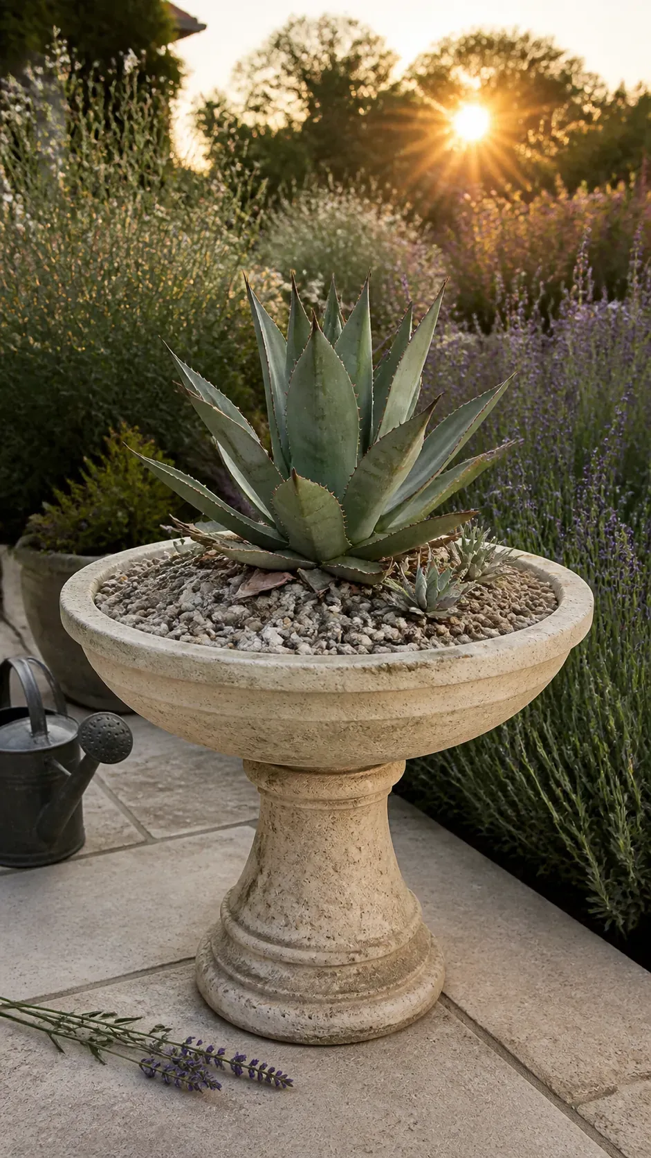 Shallow pedestal planter with agave and gravel collar